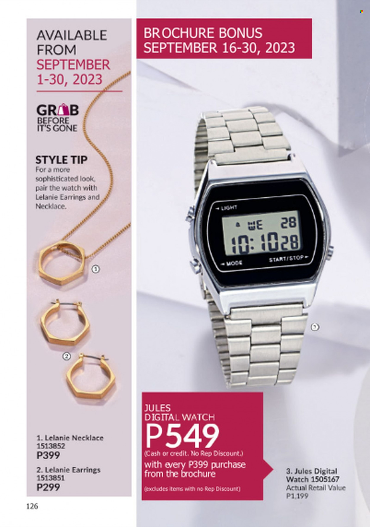 Avon offer  - 1.9.2023 - 30.9.2023 - Sales products - earrings, necklace, watch. Page 126.