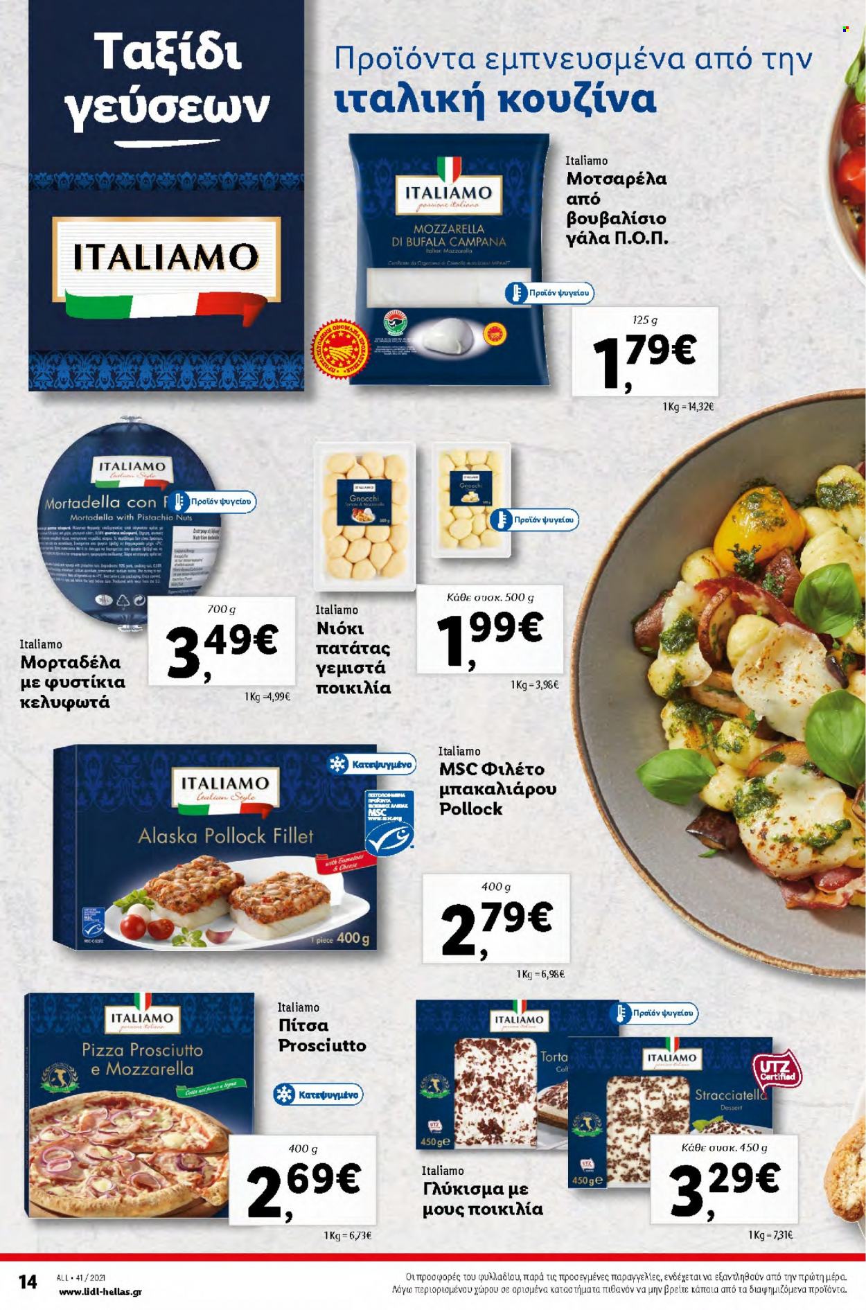 thumbnail - Φυλλάδια Lidl - 11.10.2021 - 16.10.2021 - Εκπτωτικά προϊόντα - gnocchi, mortadella, prosciutto, μοτσαρέλα, γάλα, πίτσα. Σελίδα 14.