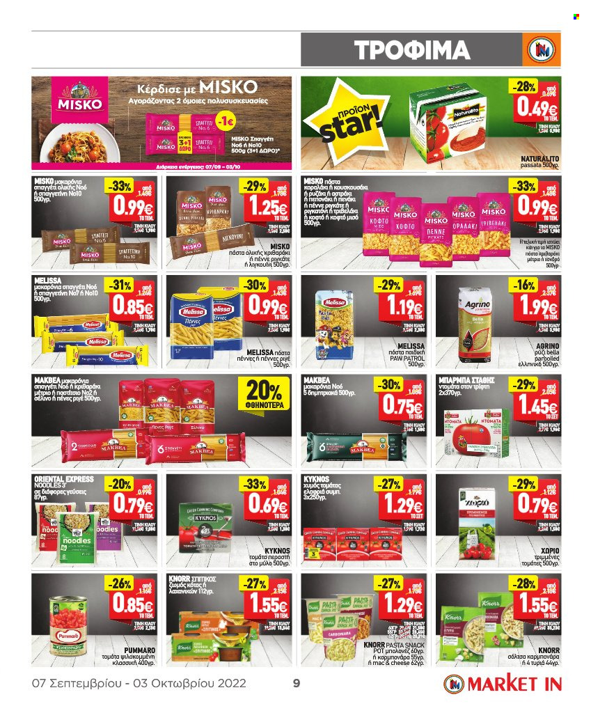 thumbnail - Φυλλάδια Market in - 07.09.2022 - 03.10.2022 - Εκπτωτικά προϊόντα - ντομάτα, σέλινο, Paw Patrol, miso, μακαρόνια, πεπονάκι. Σελίδα 9.