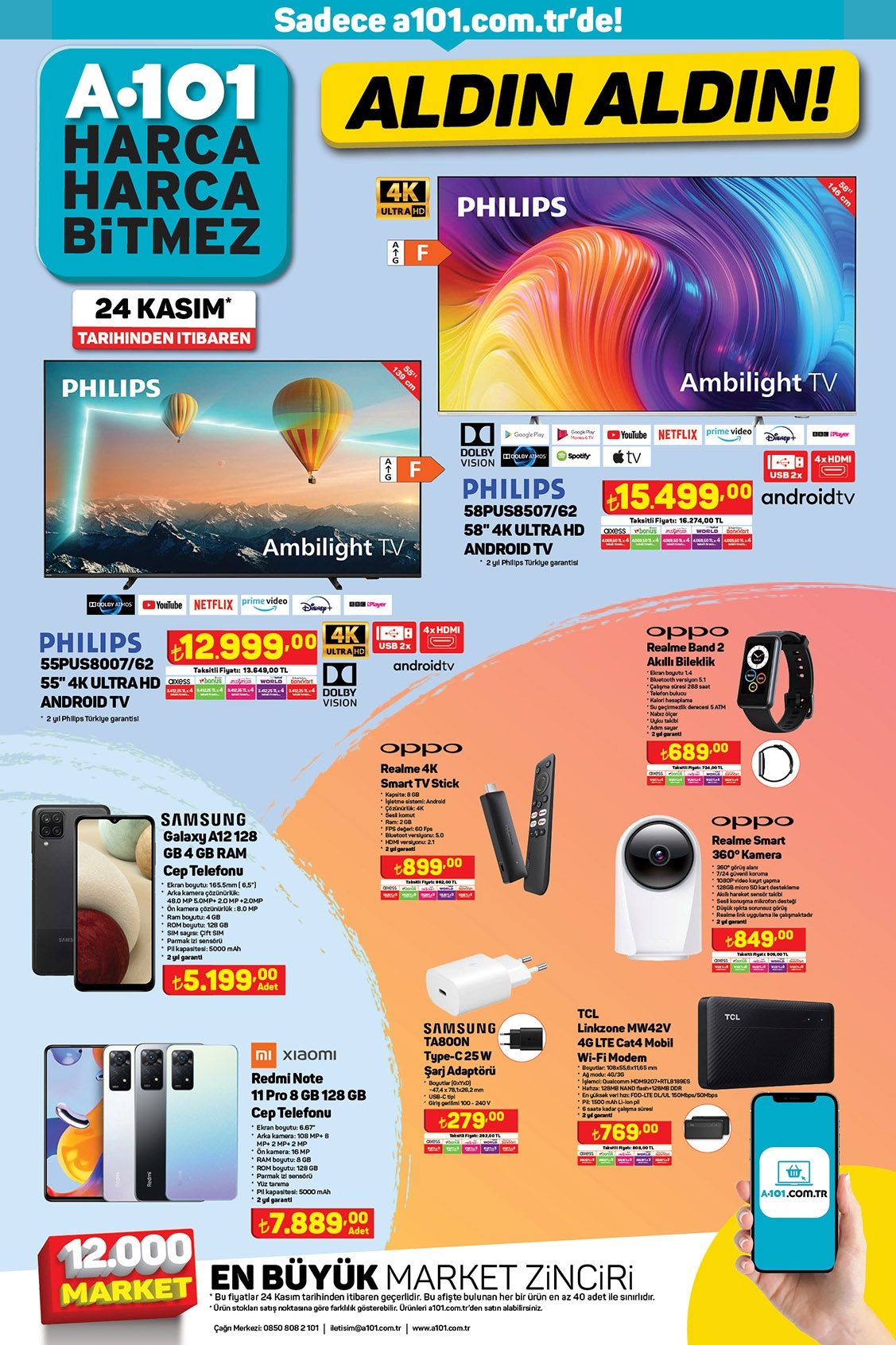 thumbnail - A101 aktüel ürünler, broşür  - 11.24.2022 - 12.3.2022 - Satıştaki ürünler - Philips, Samsung, Smart TV, televizyon, Disney, cep telefon, bileklik. Sayfa 12.