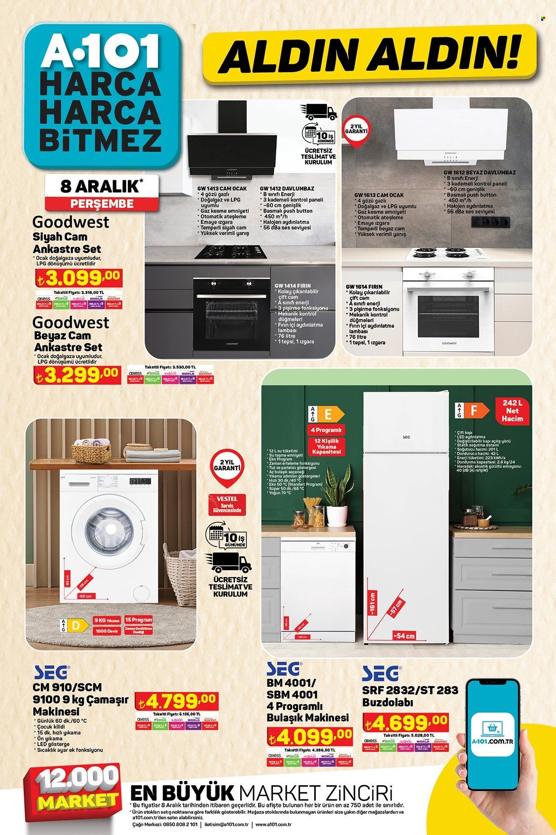 thumbnail - A101 aktüel ürünler, broşür  - 12.8.2022 - 12.17.2022 - Satıştaki ürünler - ankastre setler, bulaşık makinesi, buzdolabı, fırın, standart. Sayfa 8.