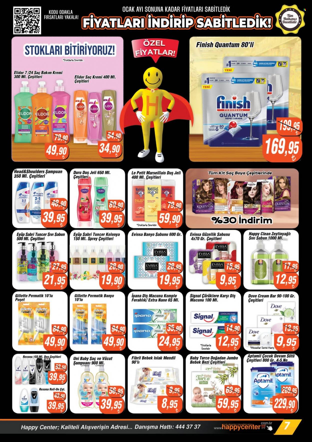 thumbnail - Happy Center aktüel ürünler, broşür  - 1.11.2023 - 1.31.2023 - Satıştaki ürünler - bebek bezi, Dove, sabun, saç ve vücut şampuanı, şampuan, sıvı sabunu, Head & Shoulders, duş jeli, diş macunu, kremi, saç kremi, Palette, Rexona, roll-on, Gillette. Sayfa 7.