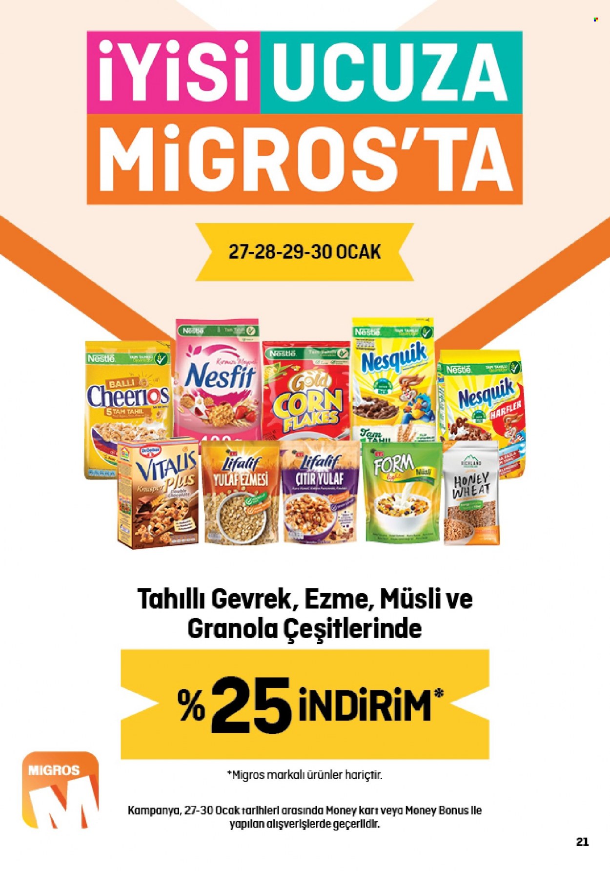 thumbnail - Migros aktüel ürünler, broşür  - 1.19.2023 - 2.1.2023 - Satıştaki ürünler - Nesfit, Nesquik, Nestlé, müsli, Cheerios, granola, Vitalis. Sayfa 21.