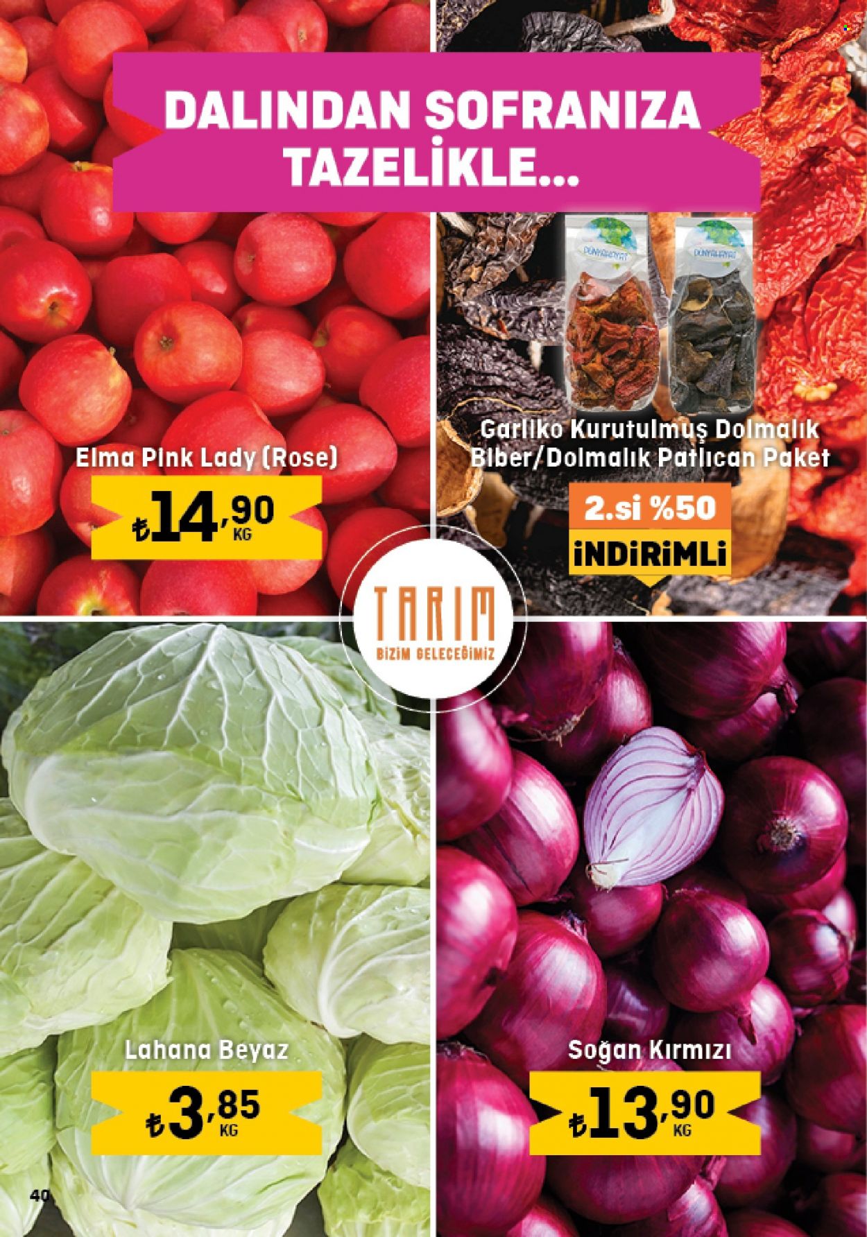 thumbnail - Migros aktüel ürünler, broşür  - 1.19.2023 - 2.1.2023 - Satıştaki ürünler - soğan, patlıcan, lahana, biber dolmalık, elma, biber, Bizim. Sayfa 40.