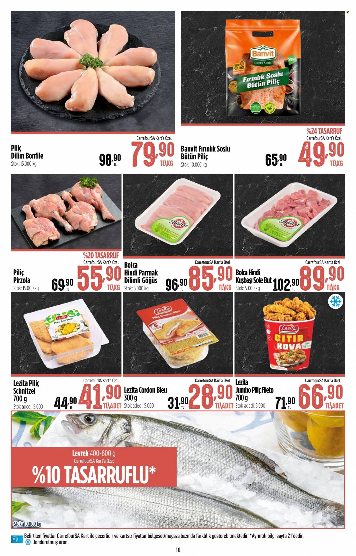 thumbnail - Carrefour aktüel ürünler, broşür  - 1.19.2023 - 2.1.2023 - Satıştaki ürünler - piliç fileto, piliç pirzola, hindi, bütün piliç, pirzola, levrek, balık, schnitzel. Sayfa 10.