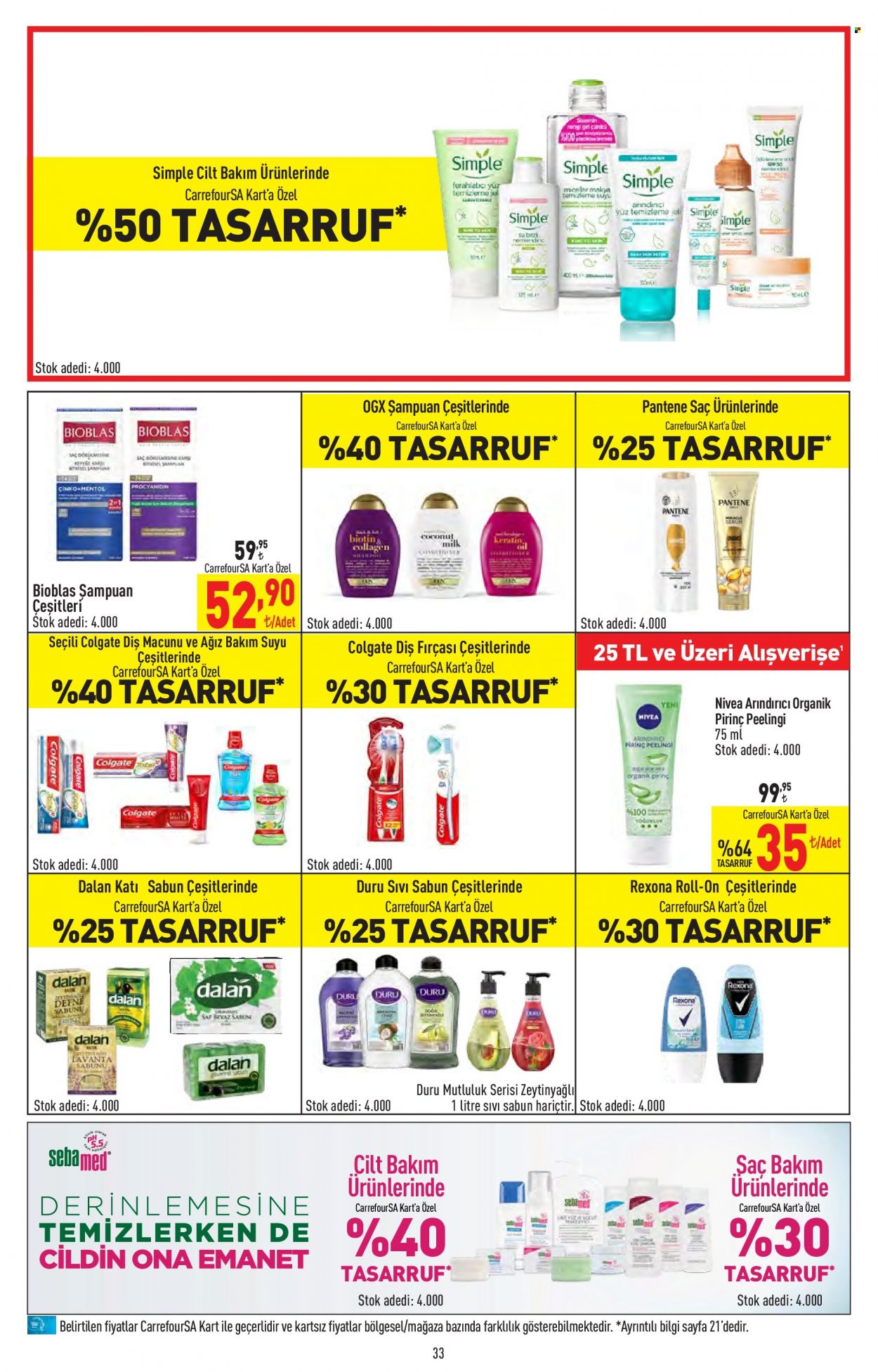 thumbnail - Carrefour aktüel ürünler, broşür  - 1.19.2023 - 2.1.2023 - Satıştaki ürünler - Nivea, sabun, şampuan, sıvı sabunu, Colgate, diş fırçası, diş macunu, arındırıcı, Pantene, Rexona, roll-on, fırça. Sayfa 33.