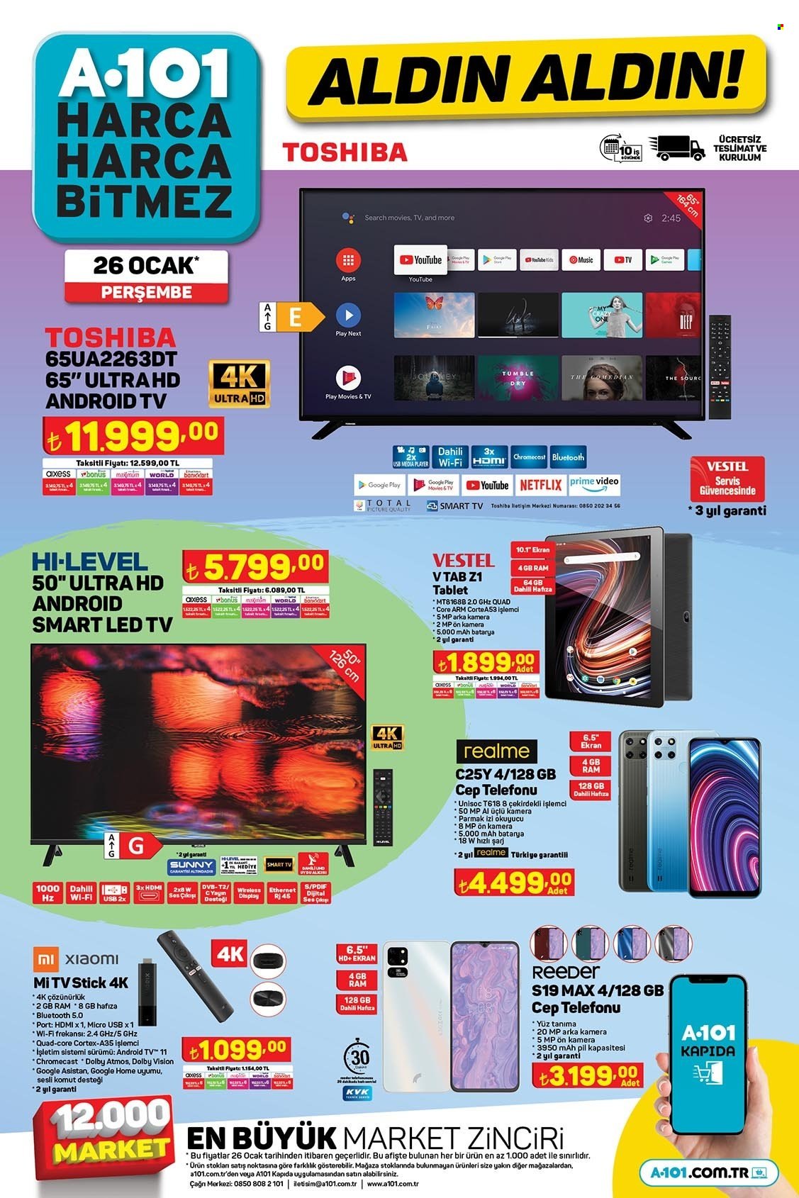 A101 aktüel ürünler, broşür  - 1.26.2023 - 2.4.2023 - Satıştaki ürünler - smart tv, tablet, televizyon, pil, mp, led tv, kamera, batarya, diğer. Sayfa 1.