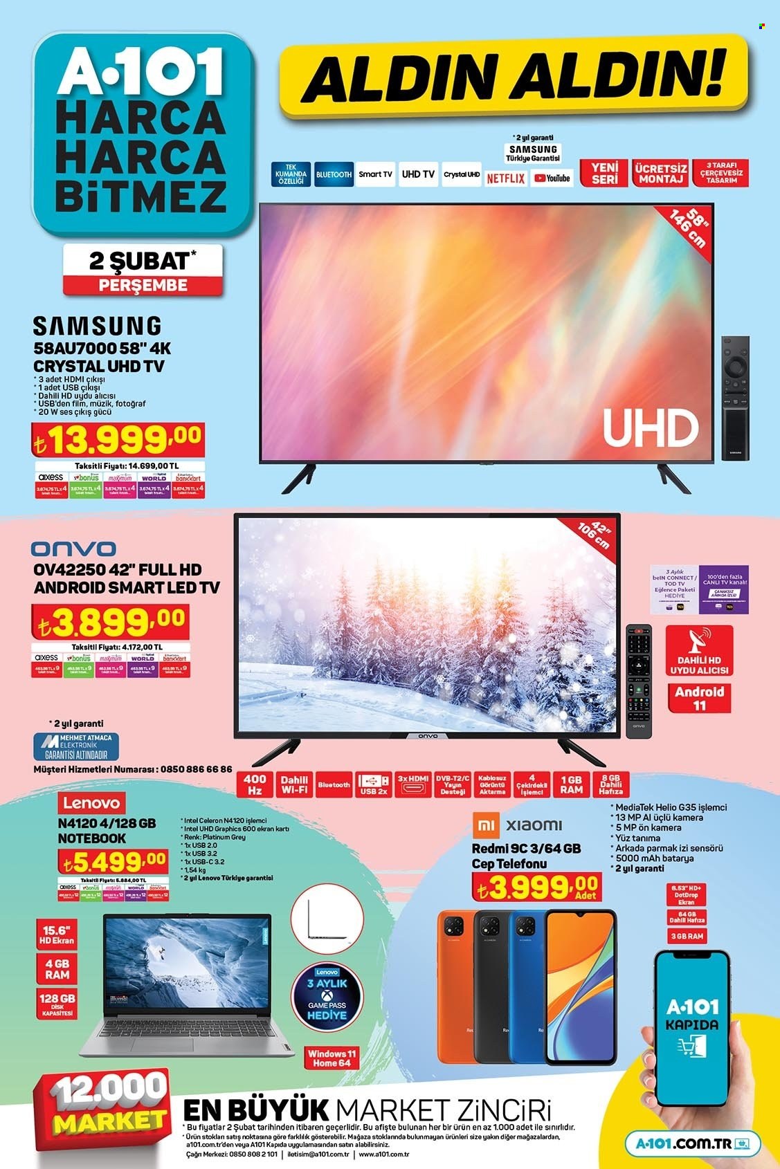 thumbnail - A101 aktüel ürünler, broşür  - 2.2.2023 - 2.11.2023 - Satıştaki ürünler - Samsung, Smart TV, LED TV, televizyon, Lenovo, cep telefon. Sayfa 2.
