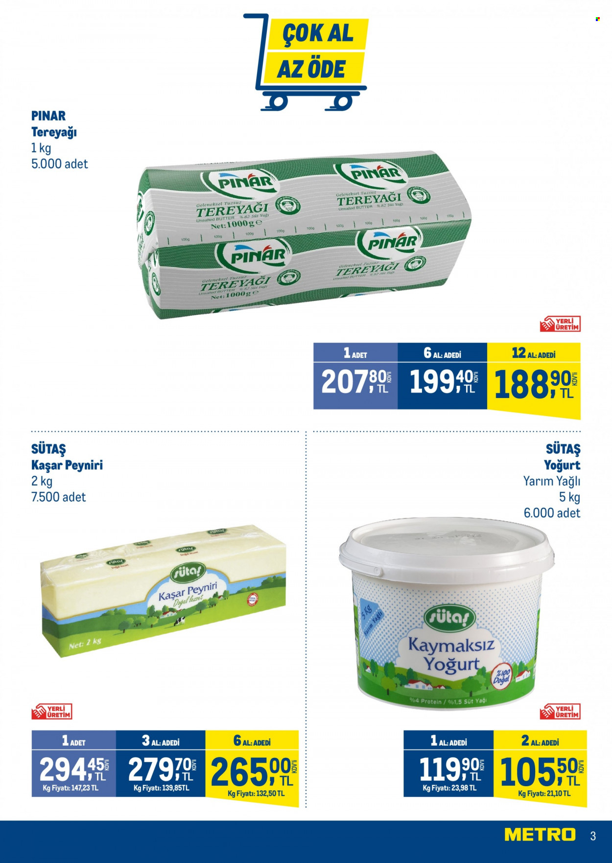 thumbnail - Metro aktüel ürünler, broşür  - 2.1.2023 - 2.28.2023 - Satıştaki ürünler - Pınar, Sütas, kaşar peyniri, yoğurt, süt, tereyağı. Sayfa 3.