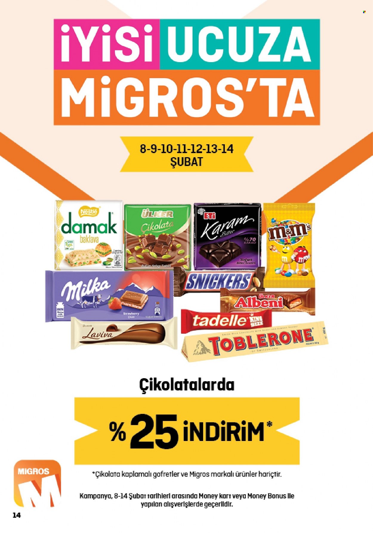 thumbnail - Migros aktüel ürünler, broşür  - 2.2.2023 - 2.15.2023 - Satıştaki ürünler - Milka, Toblerone, Ülker, Nestlé. Sayfa 14.