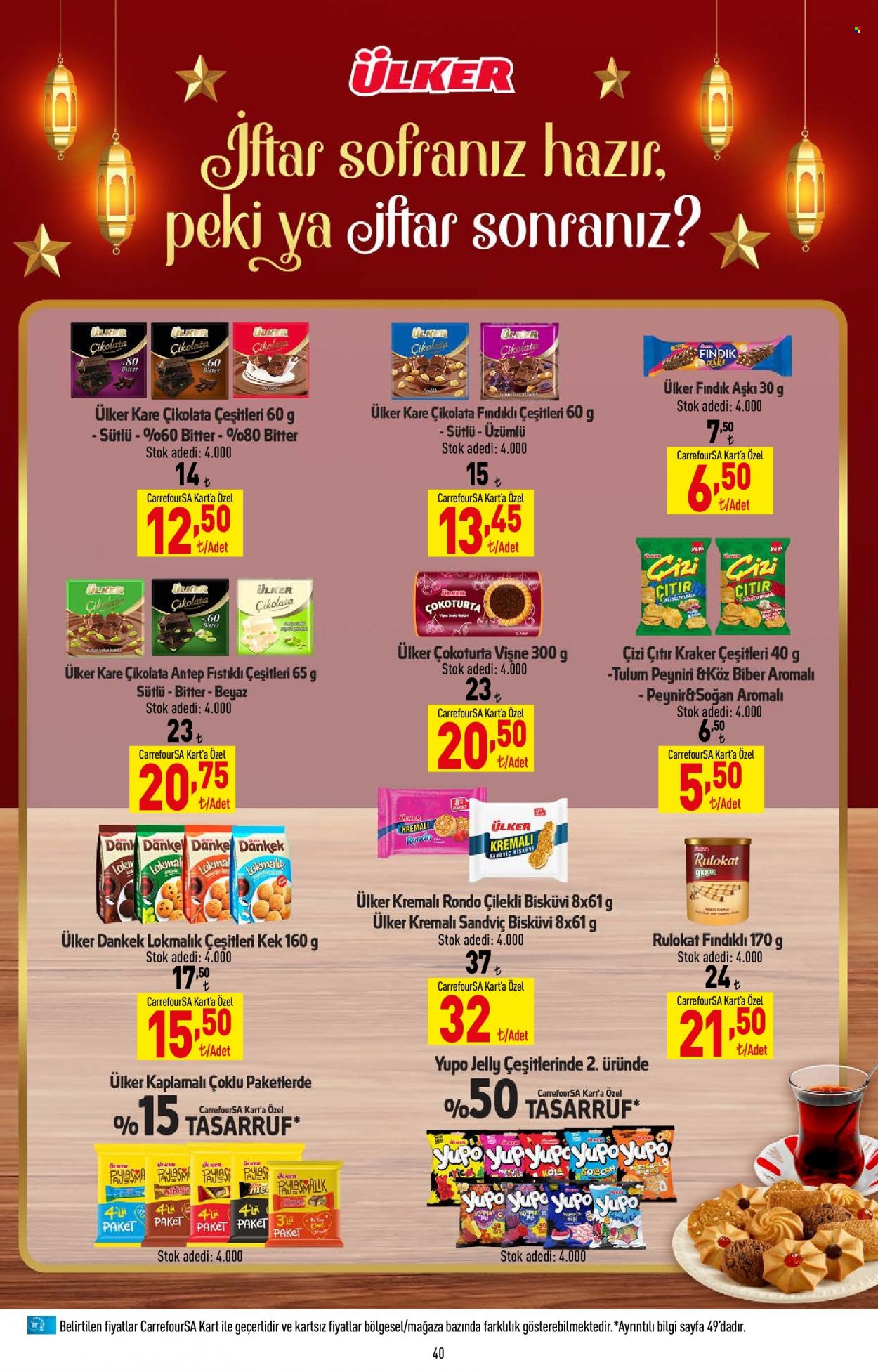 thumbnail - Carrefour aktüel ürünler, broşür  - 3.13.2023 - 3.29.2023 - Satıştaki ürünler - çikolata, kek, peynir, Ülker, bisküvi, biber. Sayfa 40.