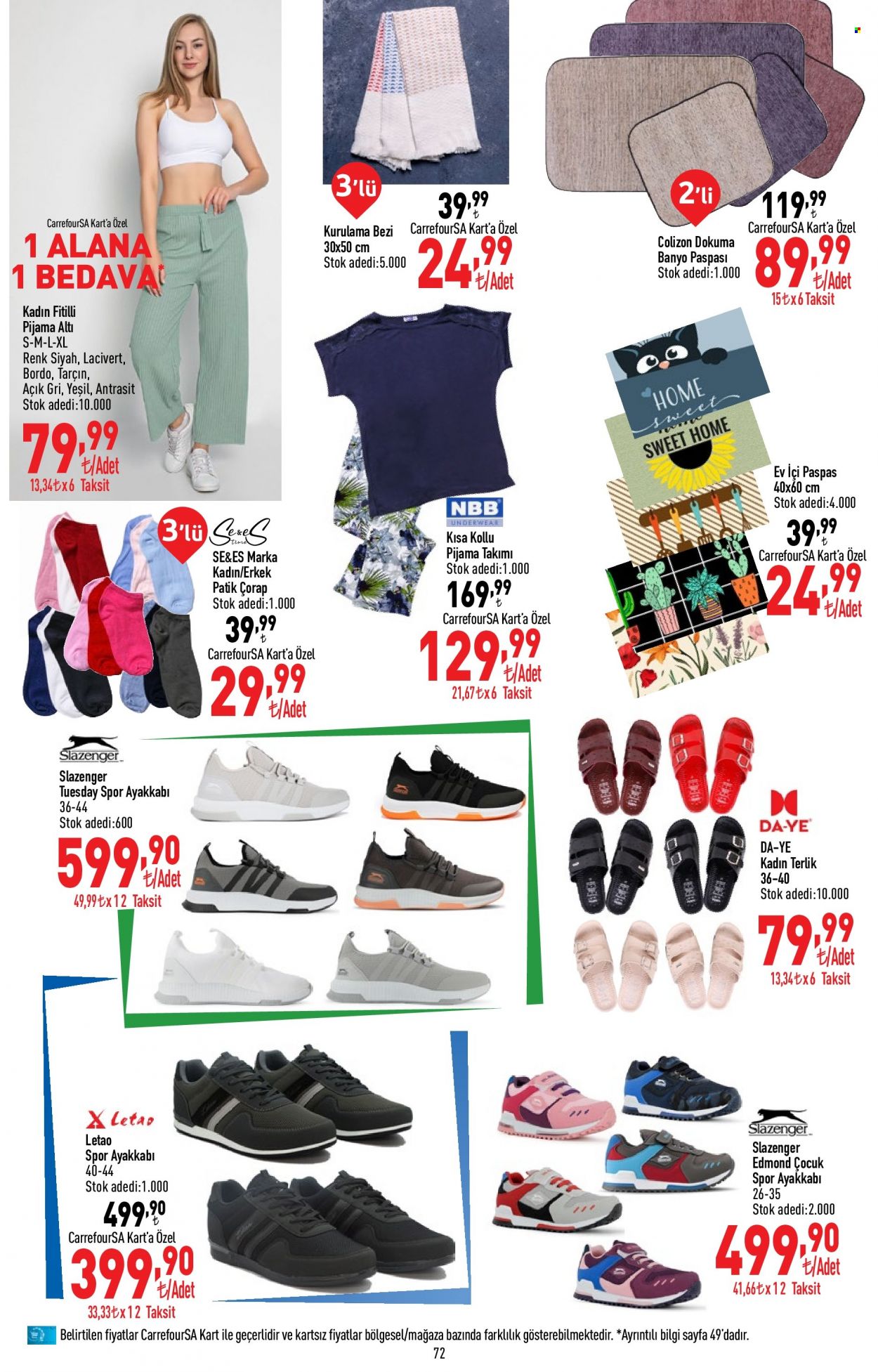thumbnail - Carrefour aktüel ürünler, broşür  - 3.13.2023 - 3.29.2023 - Satıştaki ürünler - Slazenger, spor ayakkabı, terlik, pijama, pijama altı, çorap. Sayfa 72.