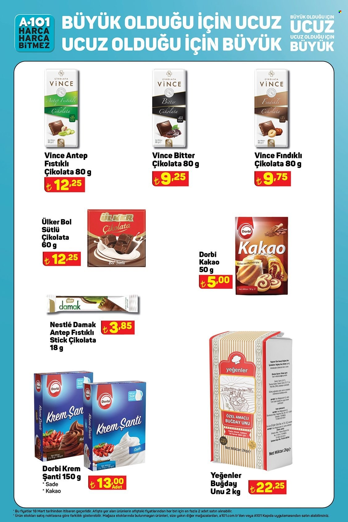 thumbnail - A101 aktüel ürünler, broşür  - 3.17.2023 - 3.31.2023 - Satıştaki ürünler - çikolata, Nestlé, süt, kremşanti, şanti, kakao, ova un. Sayfa 11.