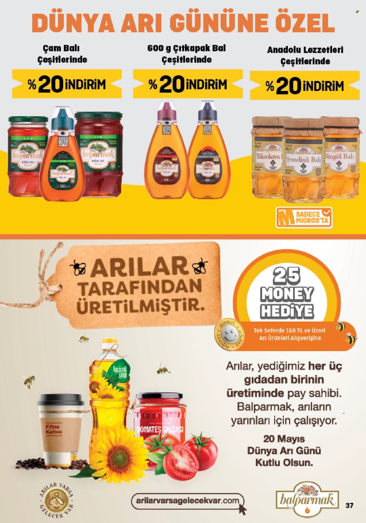 thumbnail - Migros aktüel ürünler, broşür  - 5.18.2023 - 5.31.2023 - Satıştaki ürünler - domates salça, Balparmak, çam balı, kahve. Sayfa 37.