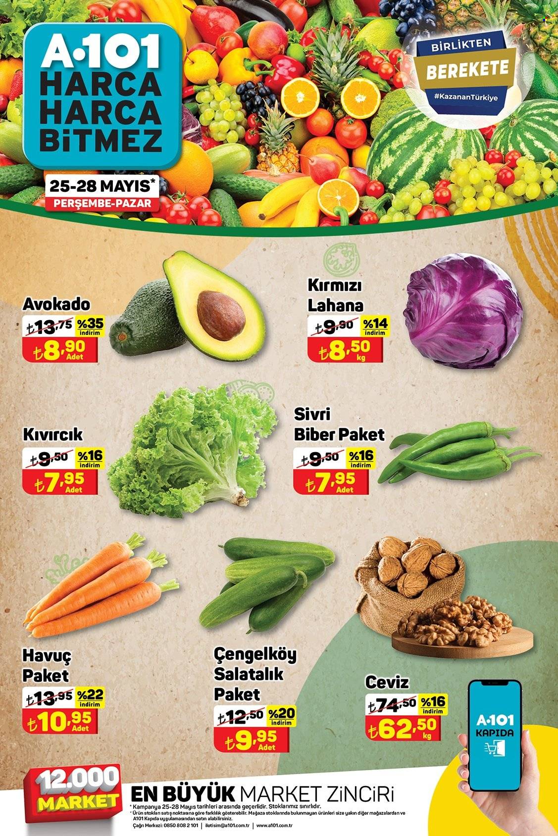 thumbnail - A101 aktüel ürünler, broşür  - 5.27.2023 - 6.2.2023 - Satıştaki ürünler - salatalık, lahana, kırmızı lahana, havuç, avokado, biber. Sayfa 9.