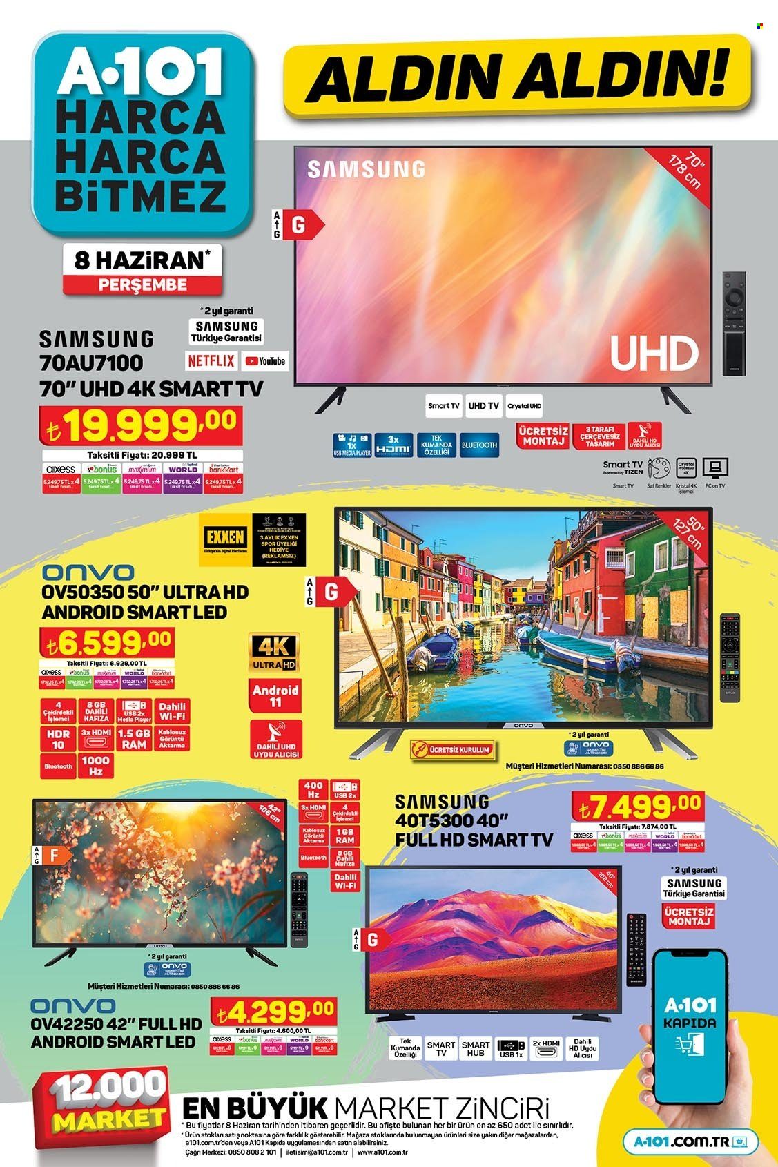 thumbnail - A101 aktüel ürünler, broşür  - 6.8.2023 - 6.16.2023 - Satıştaki ürünler - LED TV, Smart TV, televizyon, Samsung. Sayfa 1.