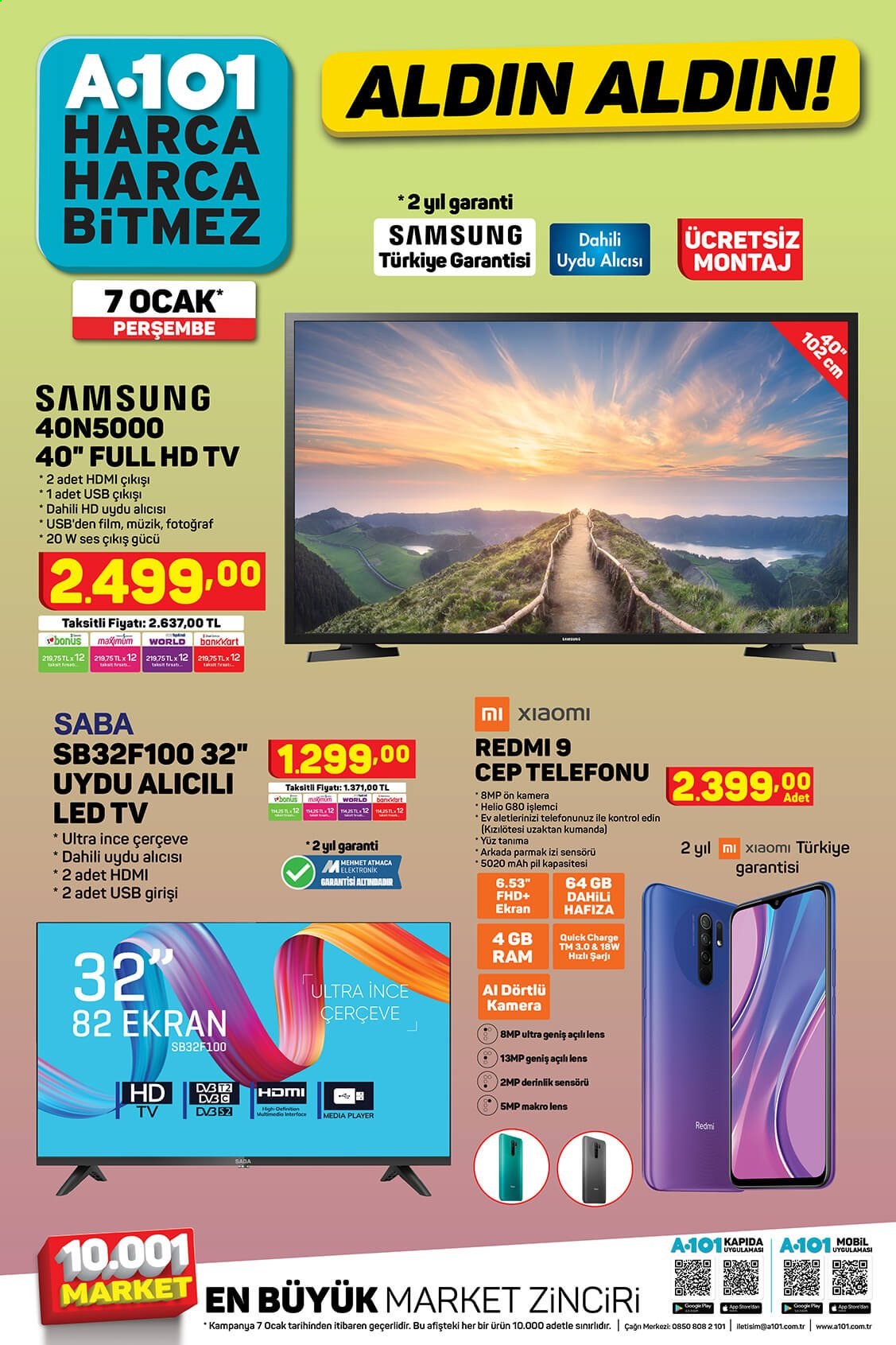 thumbnail - A101 aktüel ürünler, broşür  - Satıştaki ürünler - Samsung, LED TV, televizyon, cep telefon. Sayfa 1.