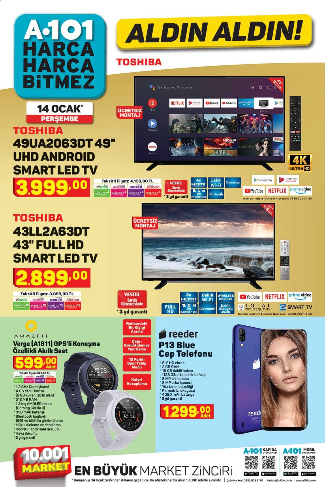 thumbnail - A101 aktüel ürünler, broşür  - Satıştaki ürünler - Smart TV, LED TV, televizyon, saat, cep telefon. Sayfa 1.