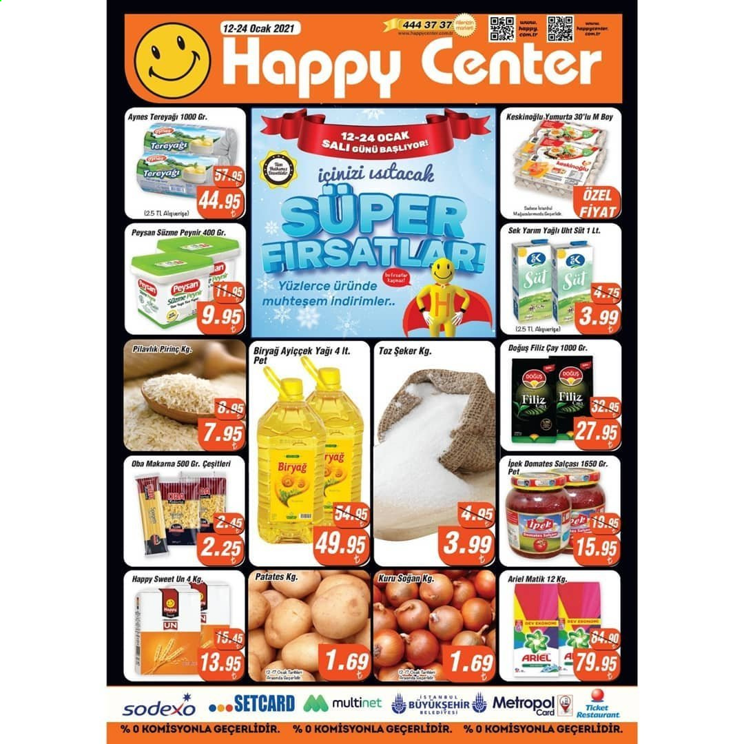 thumbnail - Happy Center aktüel ürünler, broşür  - 1.12.2021 - 1.24.2021 - Satıştaki ürünler - soğan, patates, makarna, süzme peynir, peynir, süt, yumurta, tereyağı, domates salça, Biryağ, şeker, çay. Sayfa 1.
