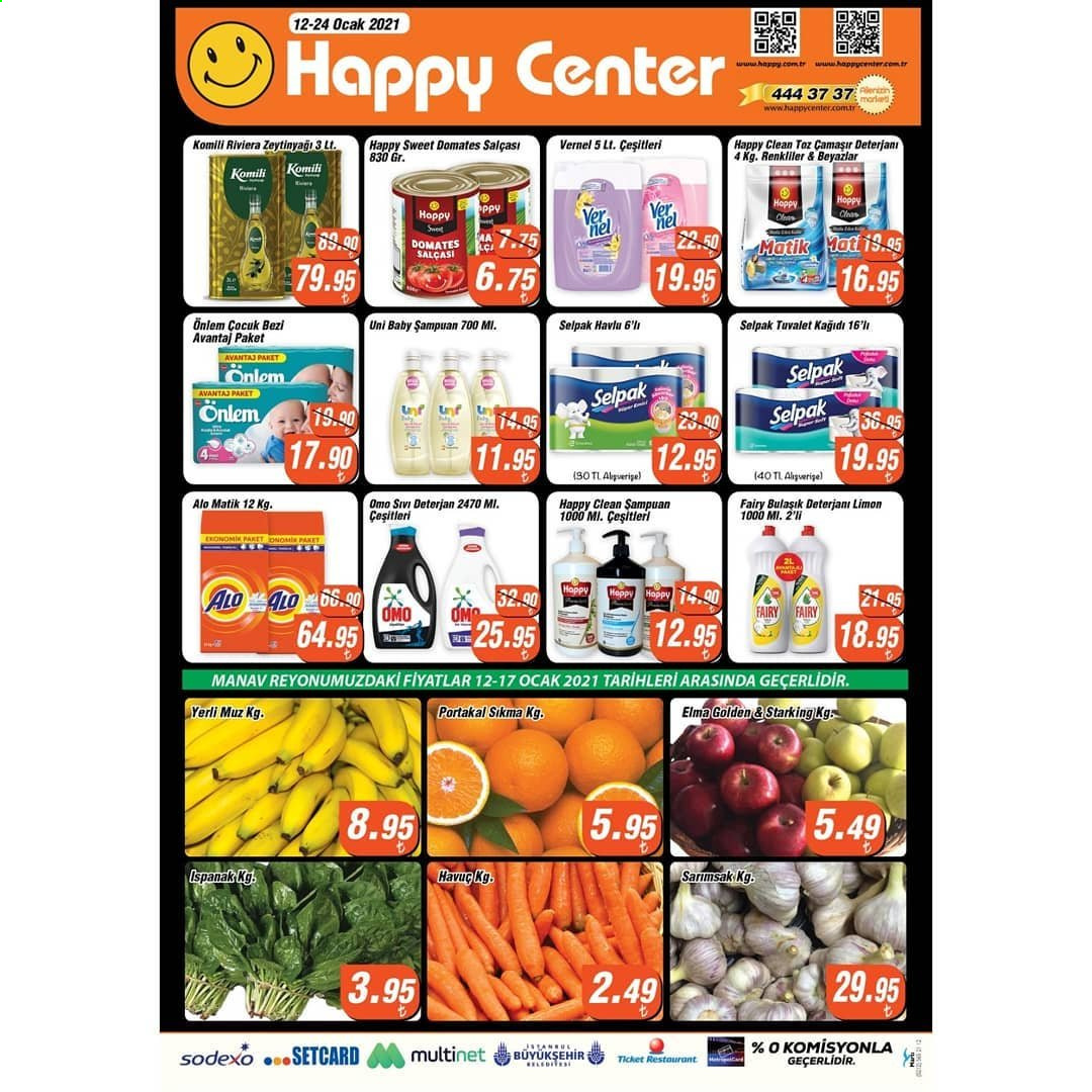 thumbnail - Happy Center aktüel ürünler, broşür  - Satıştaki ürünler - sarımsak, ispanak, havuç, muz, limon, elma, domates salça, yağı, tuvalet kağıdı, deterjan, çamaşır deterjanı, şampuan. Sayfa 1.