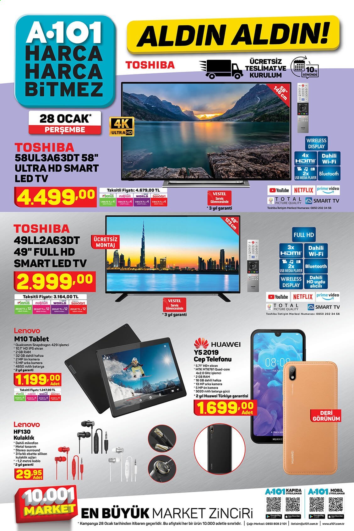 thumbnail - A101 aktüel ürünler, broşür  - Satıştaki ürünler - Smart TV, LED TV, televizyon, Huawei, Lenovo, cep telefon, kulaklık. Sayfa 1.