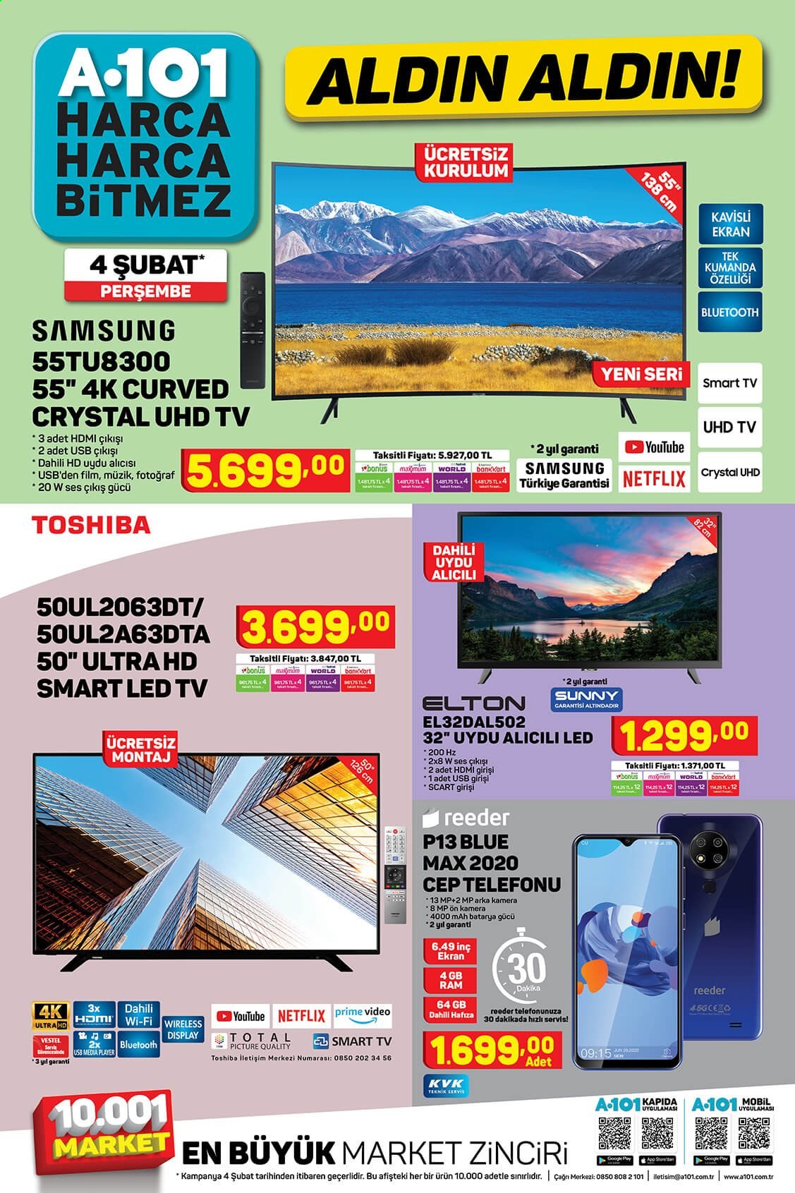 thumbnail - A101 aktüel ürünler, broşür  - Satıştaki ürünler - Samsung, Smart TV, LED TV, televizyon, cep telefon. Sayfa 1.