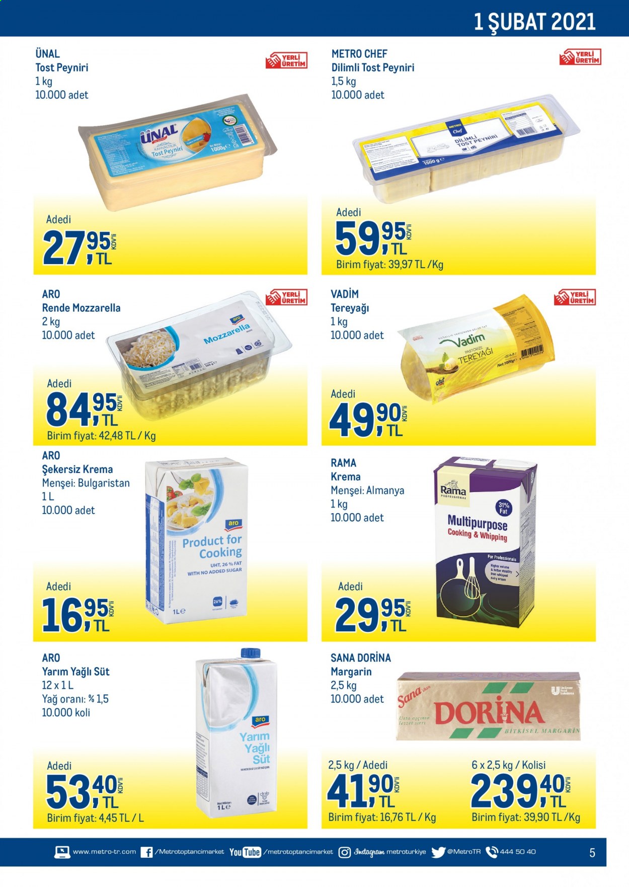 thumbnail - Metro aktüel ürünler, broşür  - 2.1.2021 - 2.28.2021 - Satıştaki ürünler - Ünal, süt, Sana, tereyağı, margarin, krema. Sayfa 5.