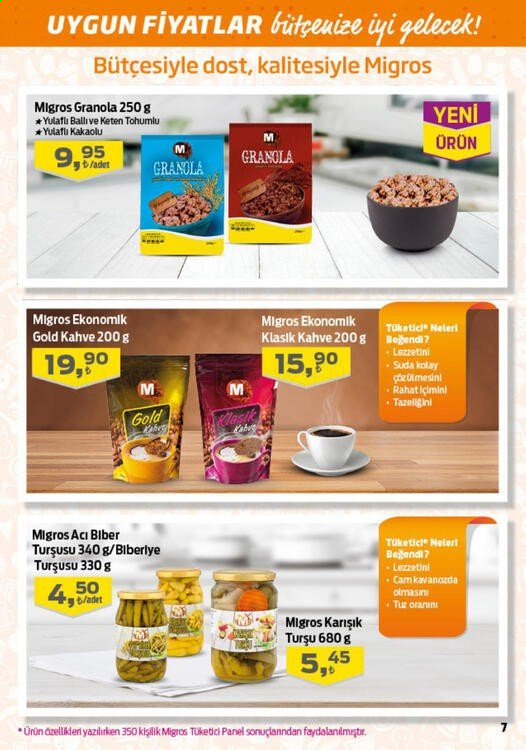 thumbnail - Migros aktüel ürünler, broşür  - 2.18.2021 - 3.3.2021 - Satıştaki ürünler - granola, biber, kahve. Sayfa 7.