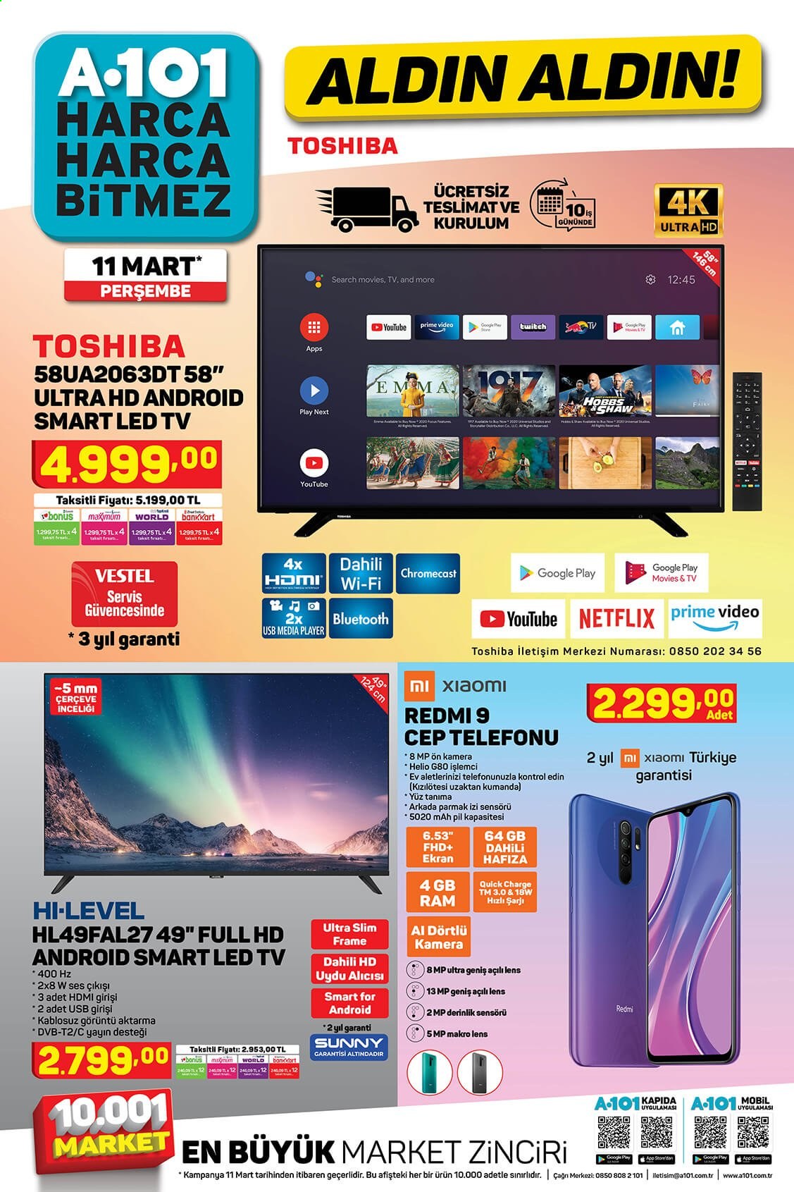 thumbnail - A101 aktüel ürünler, broşür  - 3.11.2021 - 3.19.2021 - Satıştaki ürünler - Smart TV, LED TV, televizyon, cep telefon. Sayfa 1.