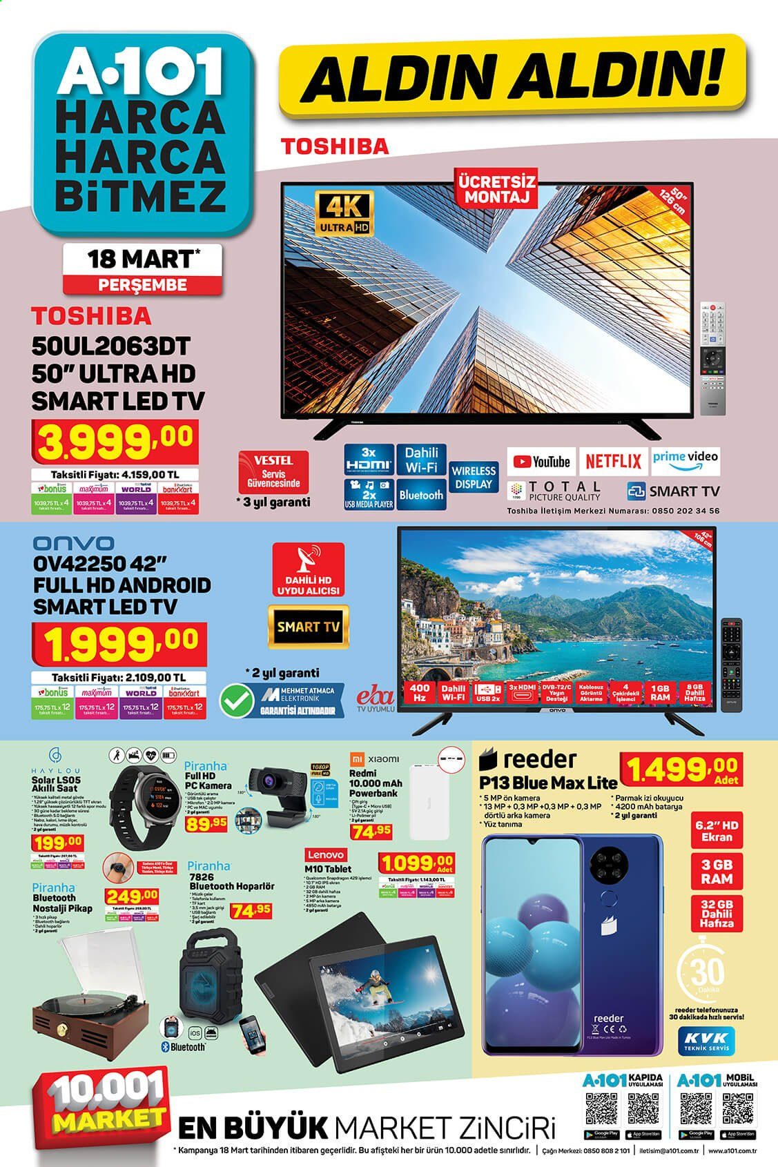 thumbnail - A101 aktüel ürünler, broşür  - 3.18.2021 - 3.26.2021 - Satıştaki ürünler - Smart TV, LED TV, televizyon, saat, Lenovo, powerbank. Sayfa 1.