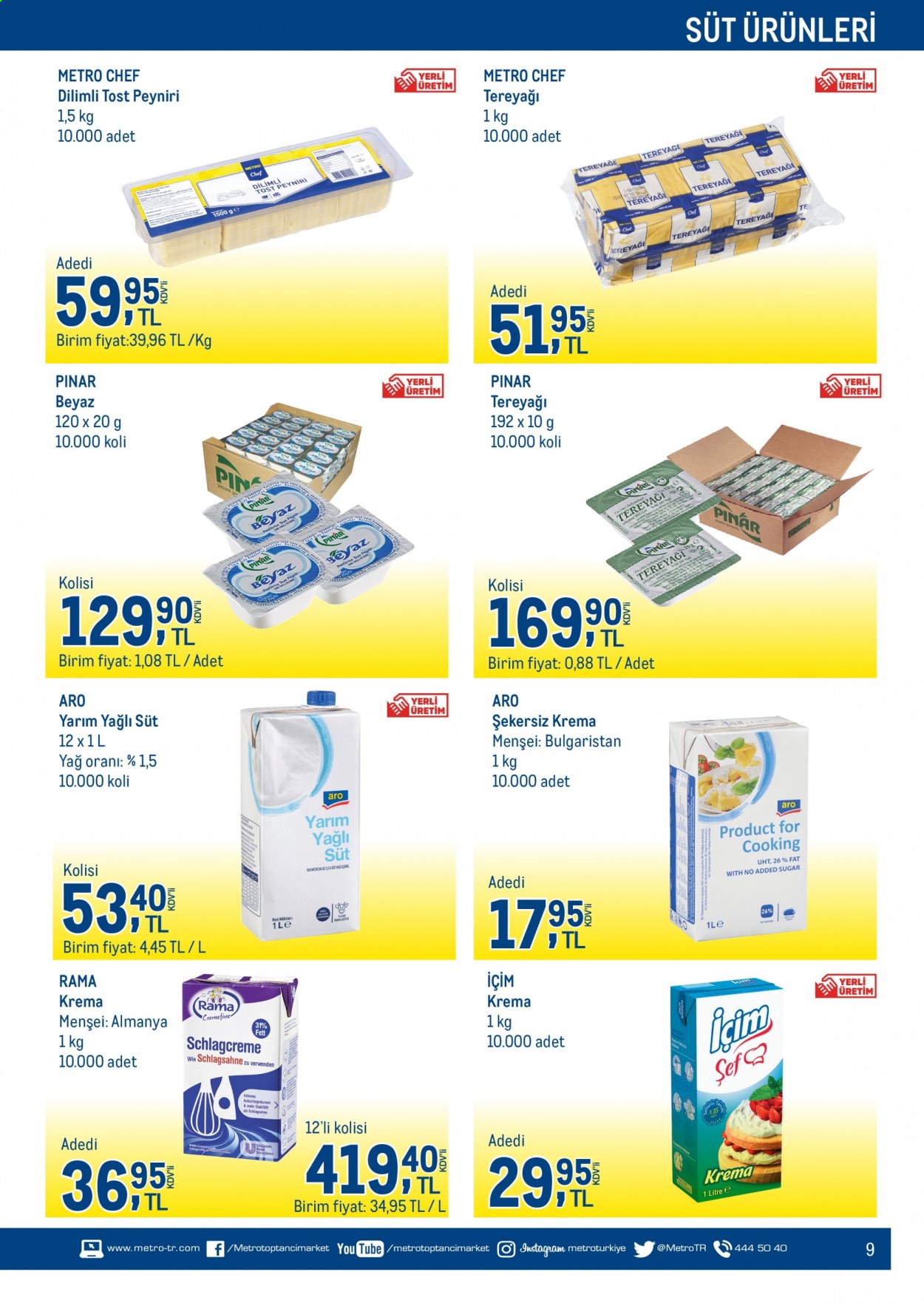 thumbnail - Metro aktüel ürünler, broşür  - 4.1.2021 - 4.30.2021 - Satıştaki ürünler - Pınar, Içim, süt, tereyağı, krema. Sayfa 9.