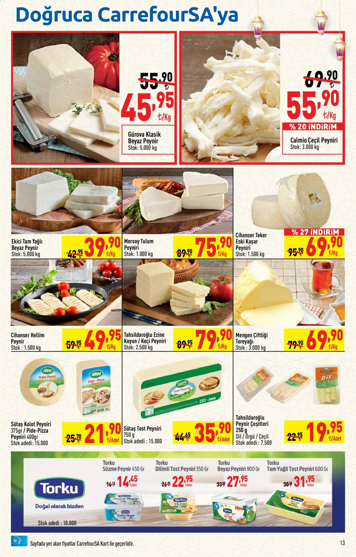 thumbnail - Carrefour aktüel ürünler, broşür  - 4.1.2021 - 4.14.2021 - Satıştaki ürünler - Sütas, süzme peynir, Tahsildaroglu, peynir, kaşar peyniri, beyaz peynir, çeçil peyniri, Cihanser, Ekici, eski kaşar, tereyağı, Torku, tulum. Sayfa 13.