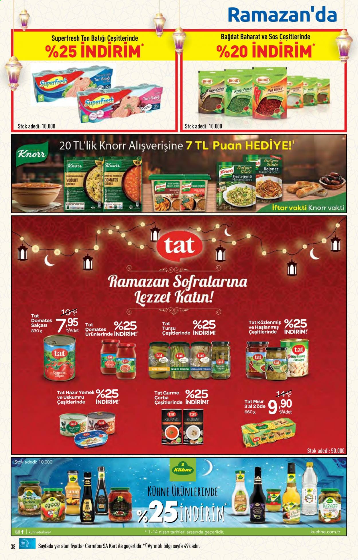 thumbnail - Carrefour aktüel ürünler, broşür  - 4.1.2021 - 4.14.2021 - Satıştaki ürünler - uskumru, makarna, çorba, domates salça, salatalık turşusu, biber. Sayfa 38.