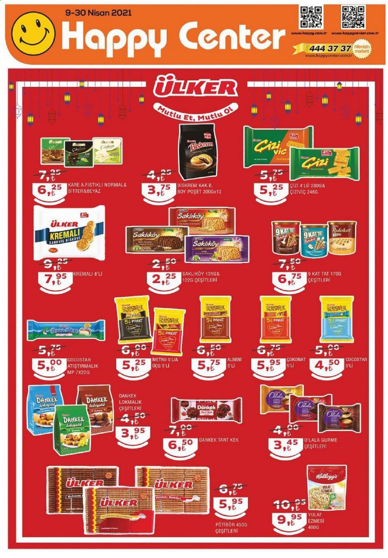 thumbnail - Happy Center aktüel ürünler, broşür  - 4.9.2021 - 4.30.2021 - Satıştaki ürünler - kek, çikolata, Ülker, bisküvi, Kellogg's. Sayfa 1.