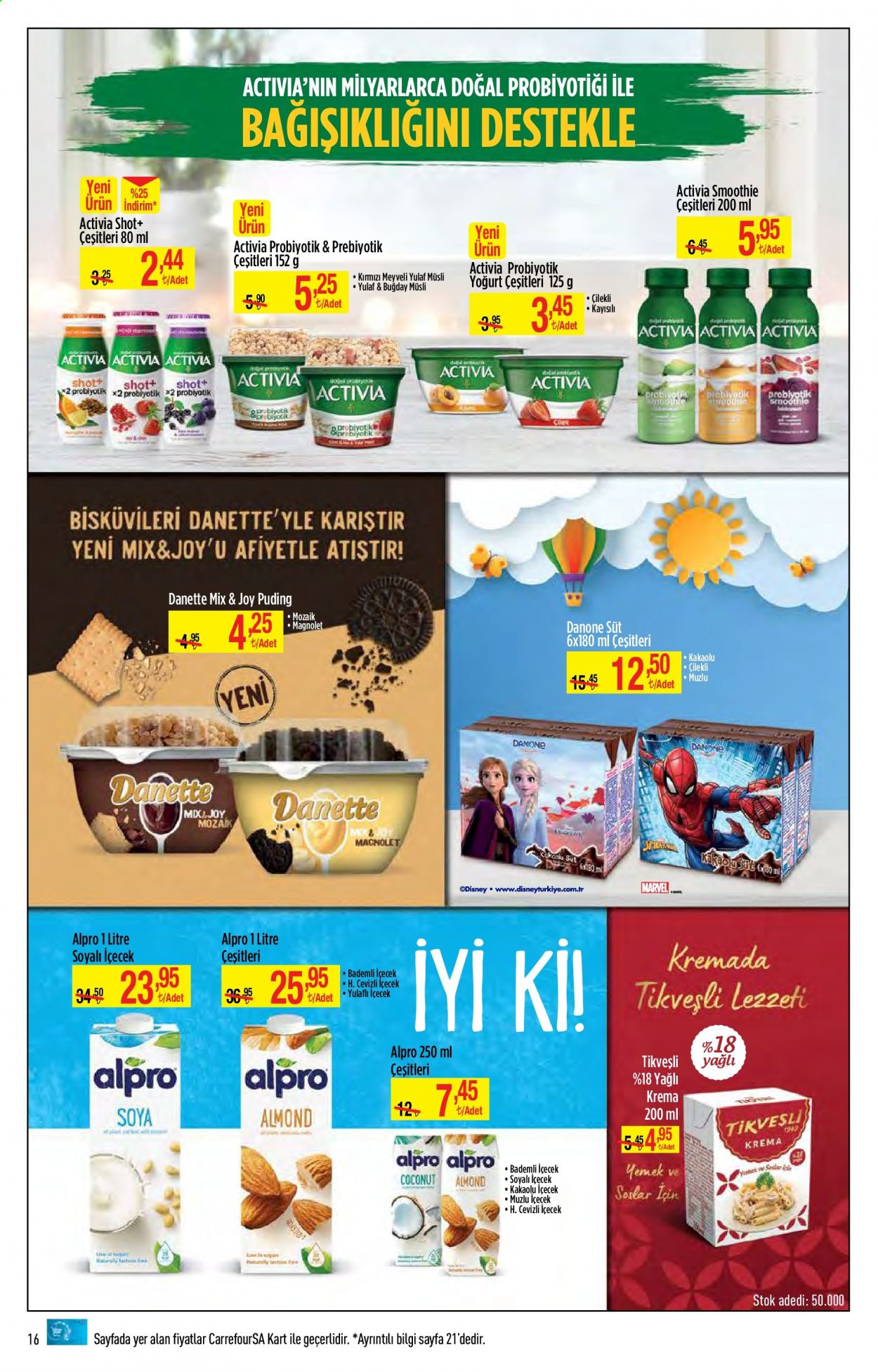thumbnail - Carrefour aktüel ürünler, broşür  - 5.3.2021 - 5.14.2021 - Satıştaki ürünler - Tikveşli, Danone, Activia, Alpro, yoğurt, süt, krema, müsli. Sayfa 16.