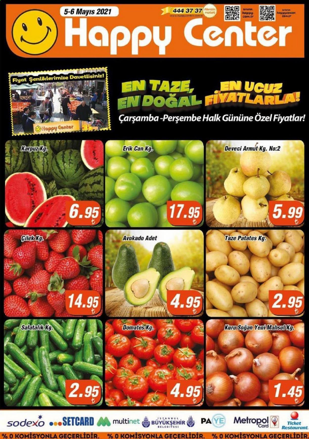 thumbnail - Happy Center aktüel ürünler, broşür  - 5.5.2021 - 5.6.2021 - Satıştaki ürünler - salatalık, soğan, patates, domates, armut, avokado. Sayfa 1.
