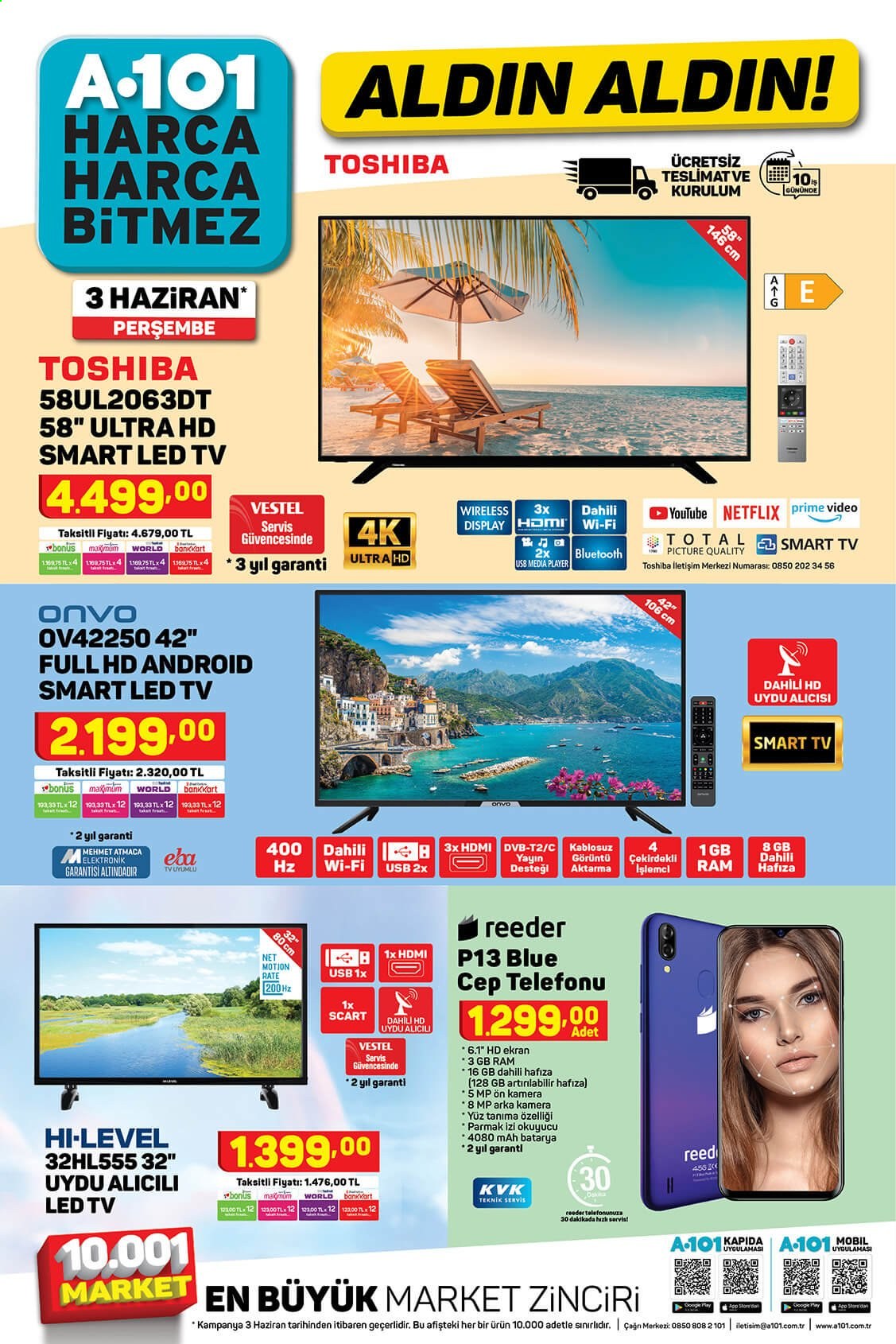 thumbnail - A101 aktüel ürünler, broşür  - 6.3.2021 - 6.11.2021 - Satıştaki ürünler - Smart TV, LED TV, televizyon, cep telefon. Sayfa 1.