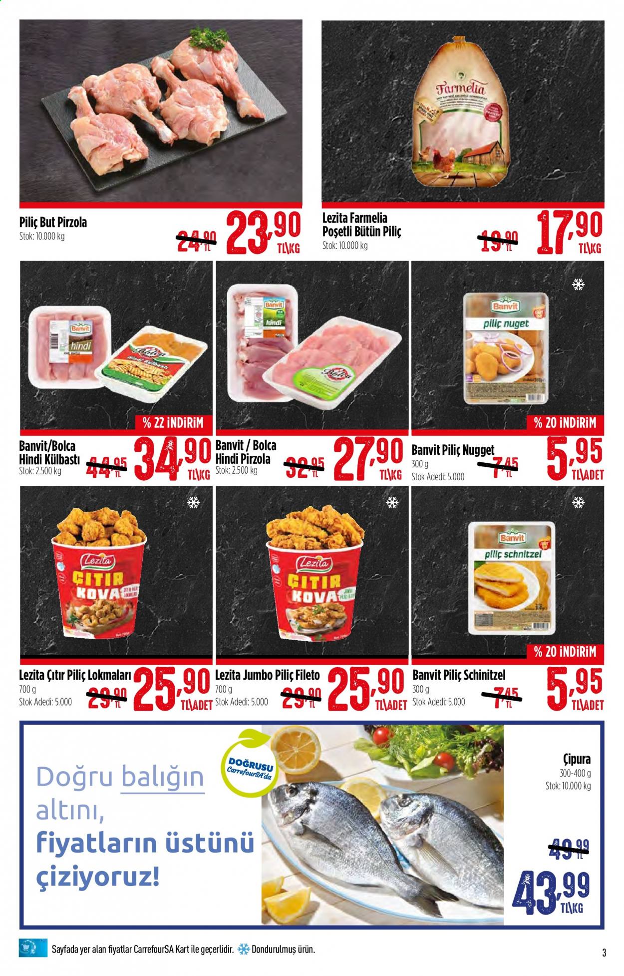 thumbnail - Carrefour aktüel ürünler, broşür  - 6.1.2021 - 6.13.2021 - Satıştaki ürünler - piliç fileto, hindi, bütün piliç, pirzola, çipura, balık, schnitzel. Sayfa 3.