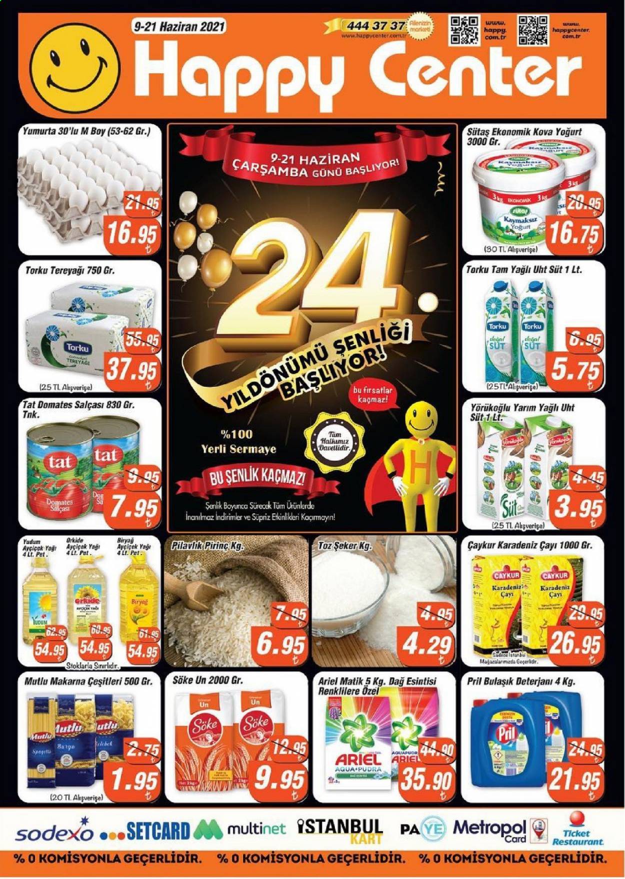 thumbnail - Happy Center aktüel ürünler, broşür  - 6.9.2021 - 6.21.2021 - Satıştaki ürünler - makarna, Sütas, yoğurt, süt, yumurta, tereyağı, Torku, domates salça, pirinç, ayçiçek yağı, Biryağ, şeker. Sayfa 1.