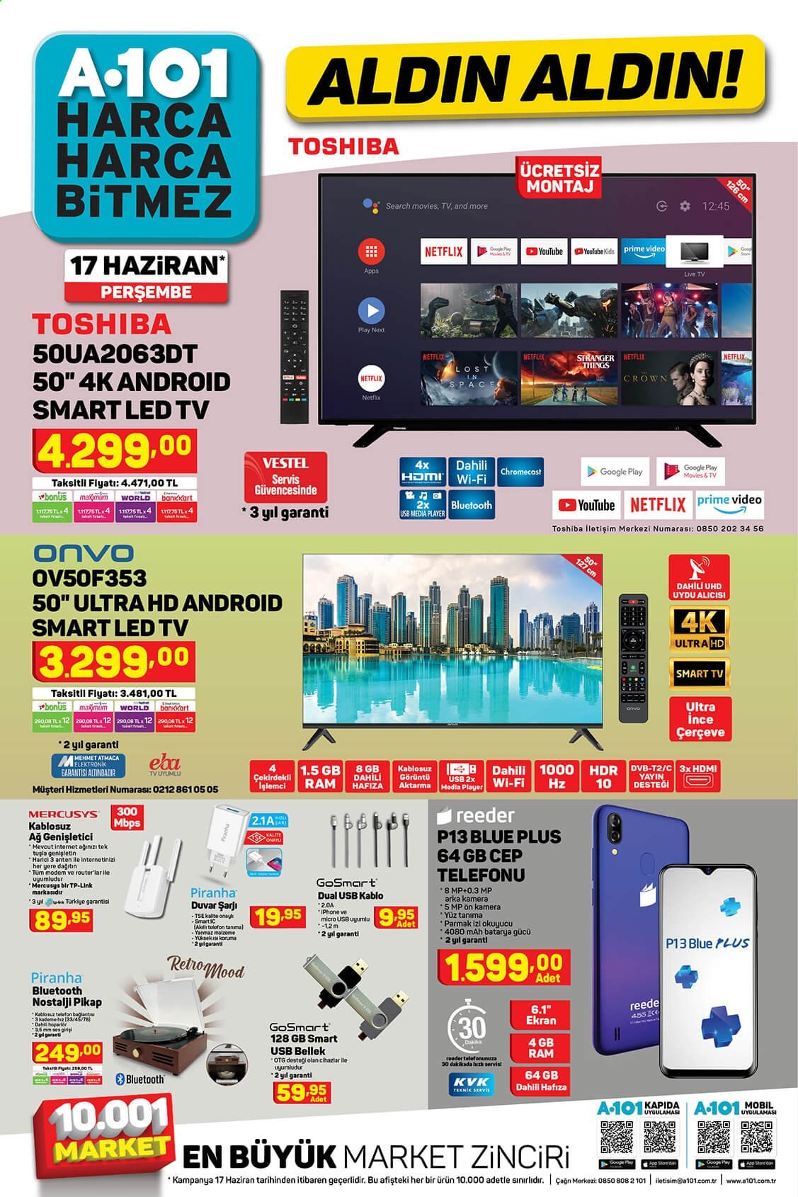 thumbnail - A101 aktüel ürünler, broşür  - Satıştaki ürünler - Smart TV, LED TV, televizyon, iPhone, cep telefon. Sayfa 1.