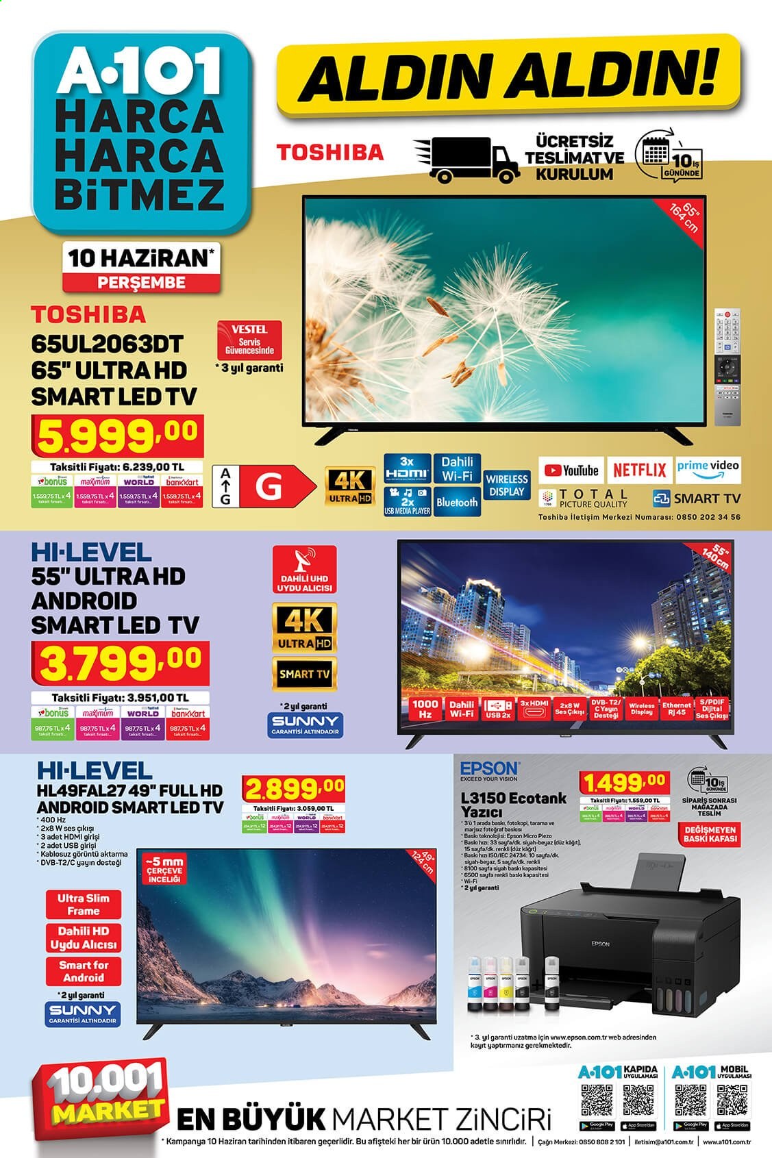 thumbnail - A101 aktüel ürünler, broşür  - Satıştaki ürünler - Smart TV, LED TV, televizyon. Sayfa 1.