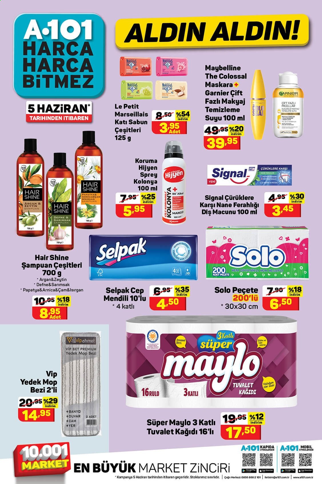thumbnail - A101 aktüel ürünler, broşür  - Satıştaki ürünler - sarımsak, mango, zeytin, tuvalet kağıdı, sabun, şampuan, diş macunu, Garnier, maskara, Maybelline. Sayfa 16.
