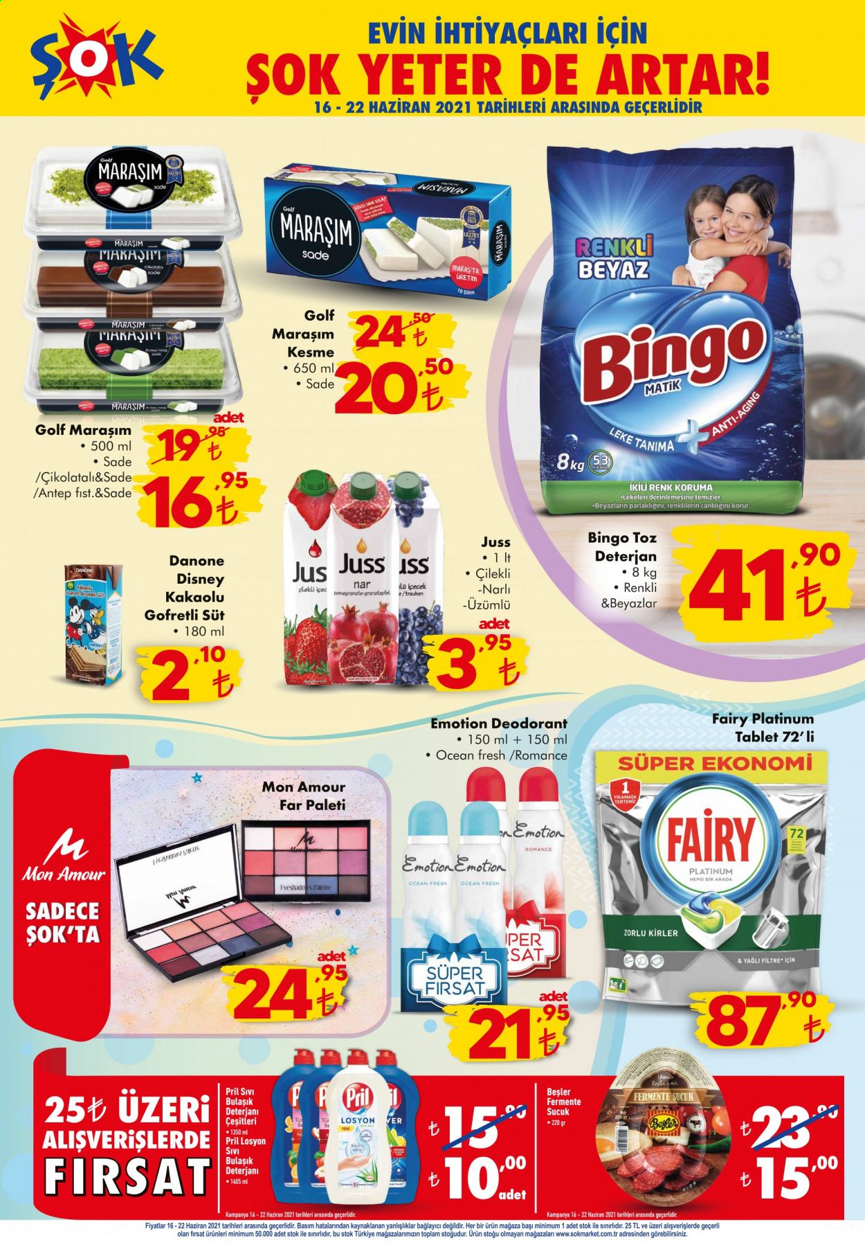 thumbnail - Şok aktüel ürünler, broşür  - 6.16.2021 - 6.22.2021 - Satıştaki ürünler - Danone, süt, Disney, losyon, far paleti, deodorant. Sayfa 1.