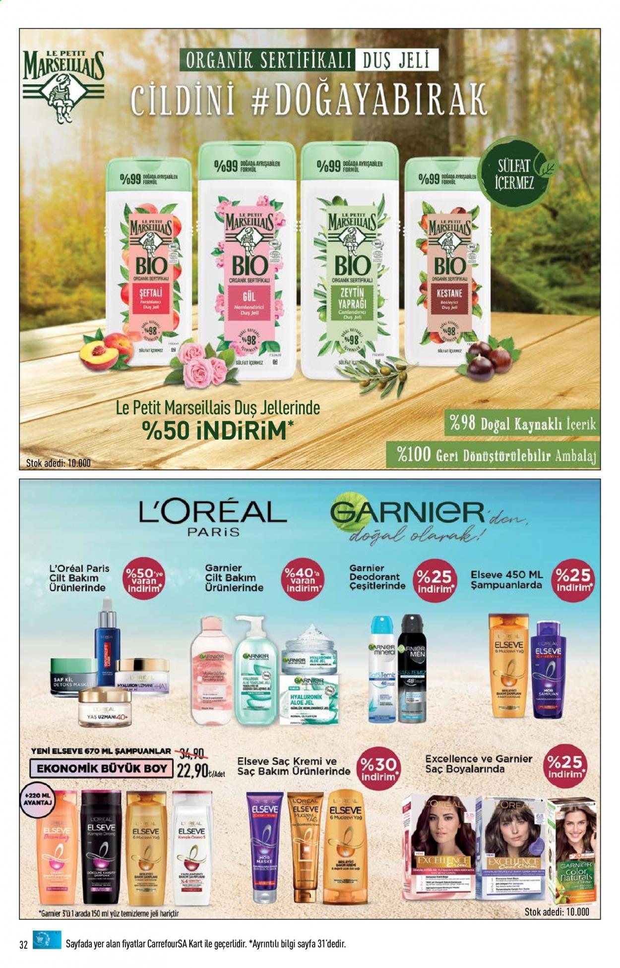 thumbnail - Carrefour aktüel ürünler, broşür  - 6.14.2021 - 6.27.2021 - Satıştaki ürünler - zeytin, yağı, duş jeli, temizleme jeli, nemlendirici, kremi, L’Oréal, Garnier, saç kremi, deodorant. Sayfa 32.