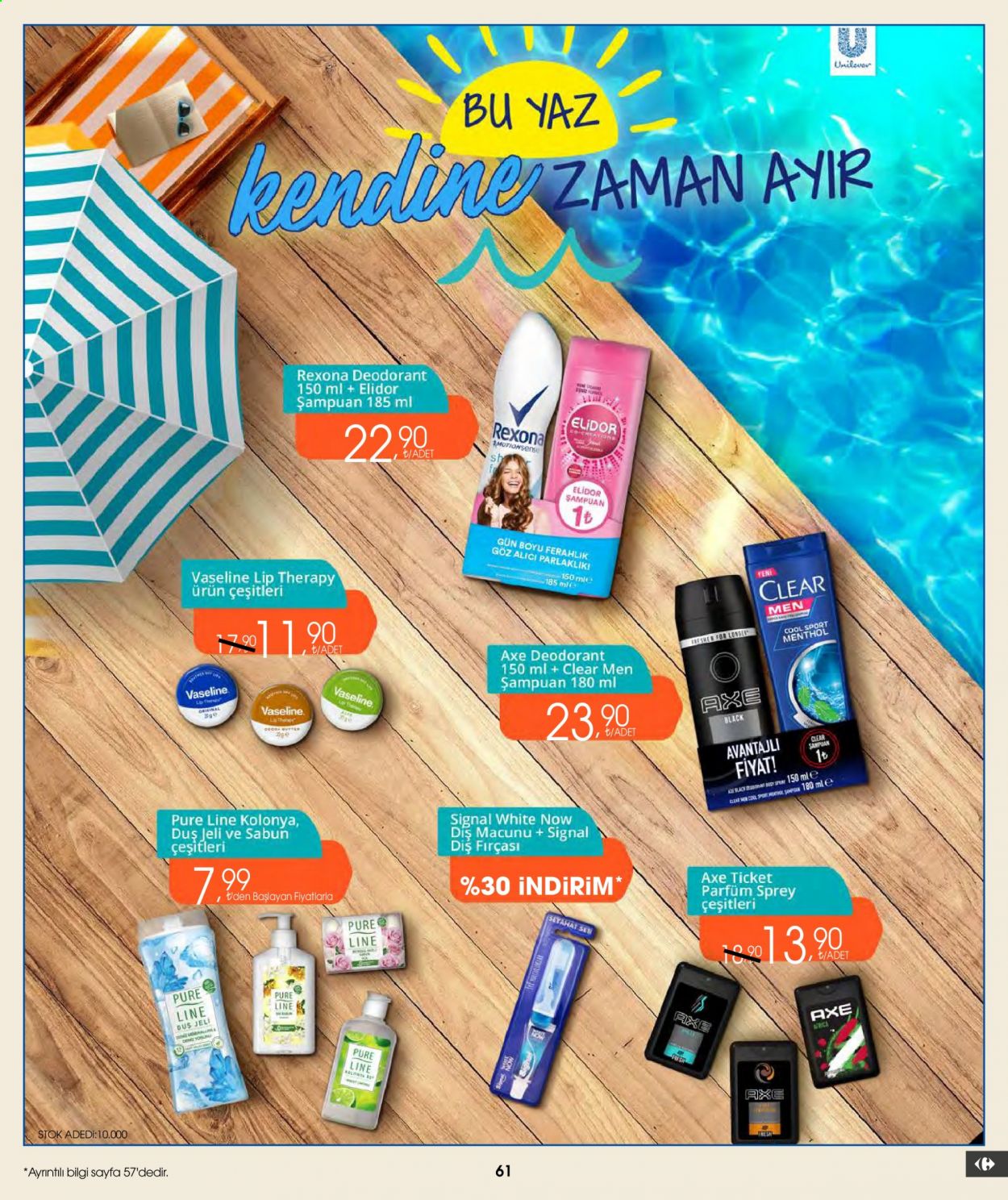 thumbnail - Carrefour aktüel ürünler, broşür  - 6.11.2021 - 6.30.2021 - Satıştaki ürünler - sabun, şampuan, Clear, Axe, duş jeli, diş fırçası, diş macunu, Rexona, parfüm, deodorant, fırça. Sayfa 61.
