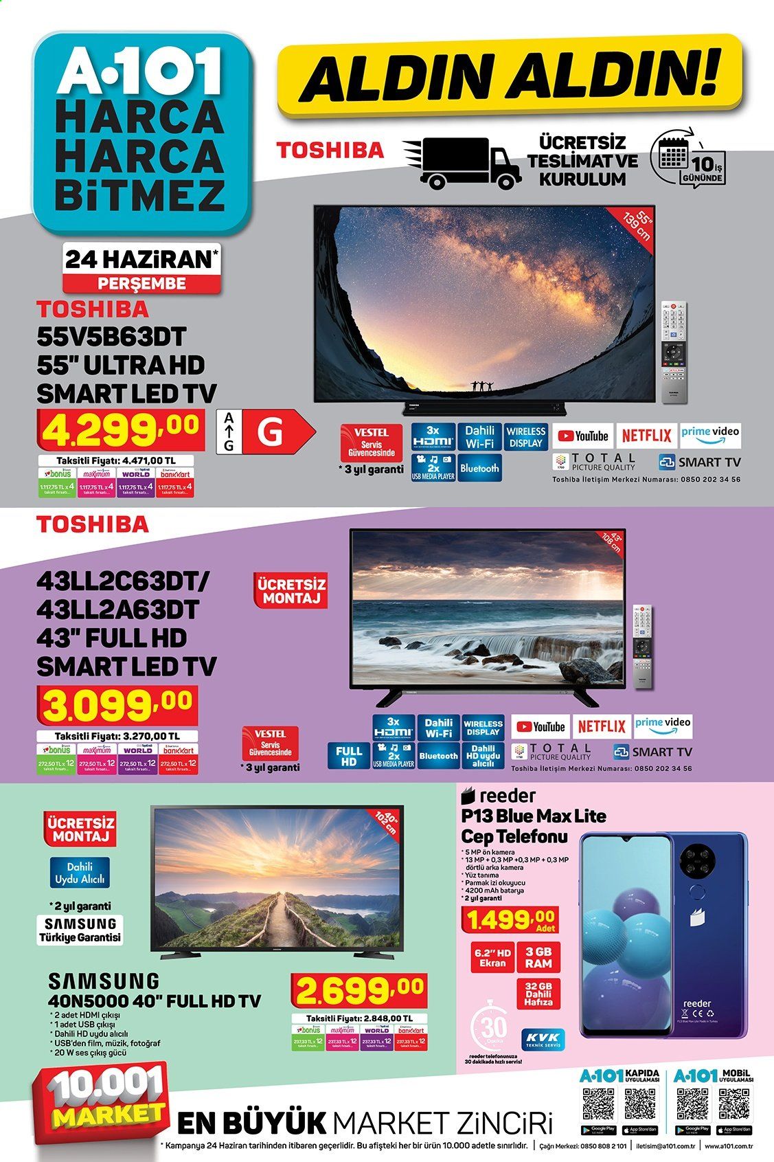 thumbnail - A101 aktüel ürünler, broşür  - 6.24.2021 - 6.30.2021 - Satıştaki ürünler - Samsung, Smart TV, LED TV, televizyon, cep telefon. Sayfa 1.