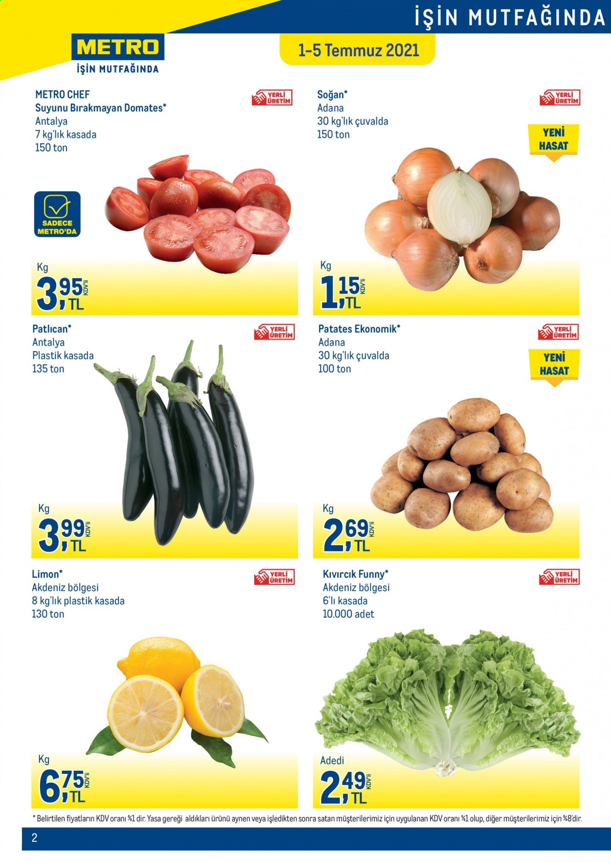 thumbnail - Metro aktüel ürünler, broşür  - 7.1.2021 - 7.31.2021 - Satıştaki ürünler - soğan, patates, patlıcan, domates, limon. Sayfa 2.