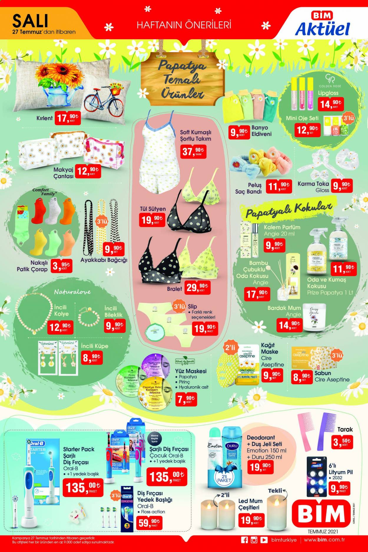 thumbnail - BİM aktüel ürünler, broşür  - Satıştaki ürünler - sabun, duş jeli, Oral-B, diş fırçası, Fırçası Başlığı, yüz maskesi, tarak, parfüm, deodorant. Sayfa 1.
