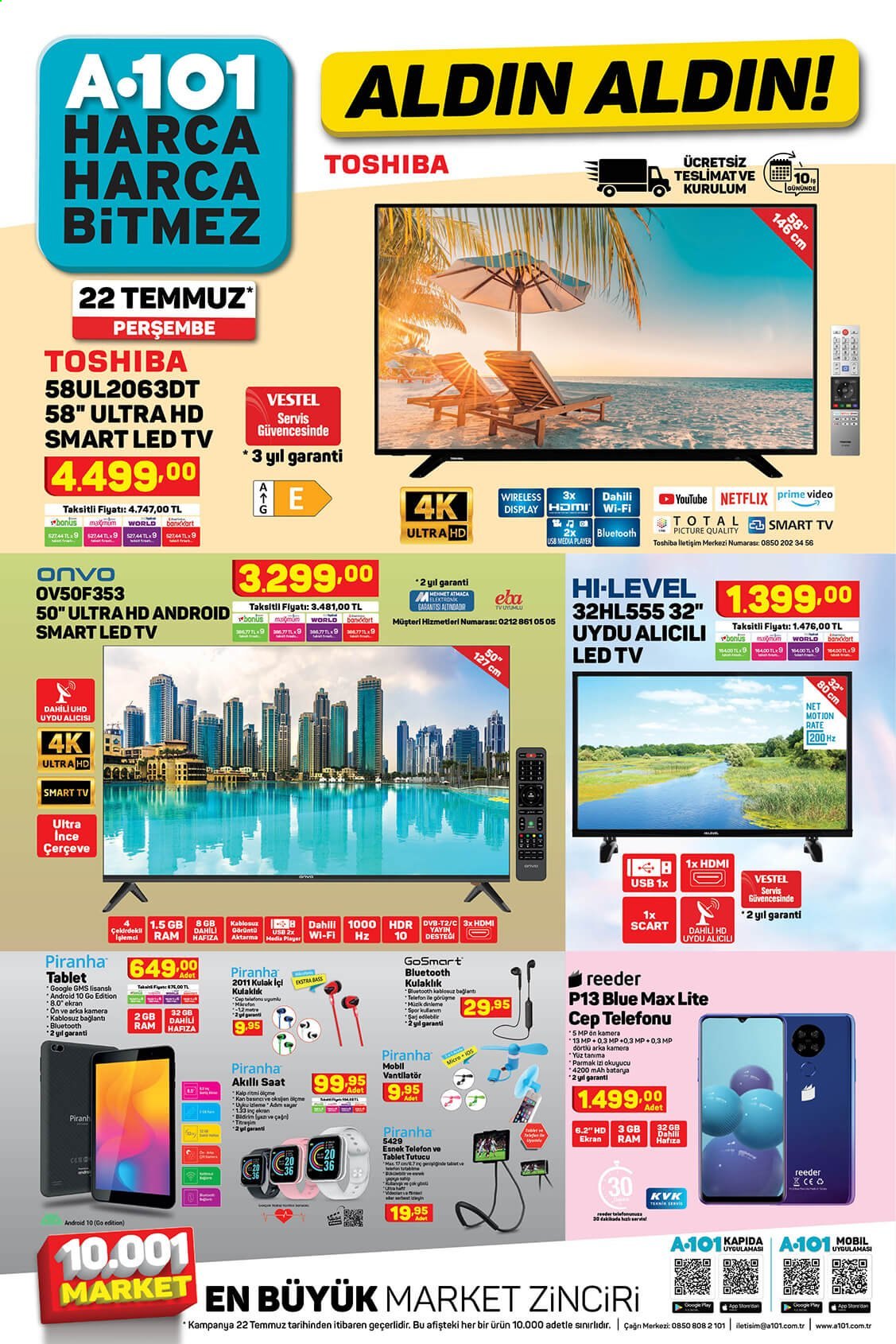 thumbnail - A101 aktüel ürünler, broşür  - Satıştaki ürünler - Smart TV, LED TV, televizyon, saat, cep telefon, kulaklık. Sayfa 1.