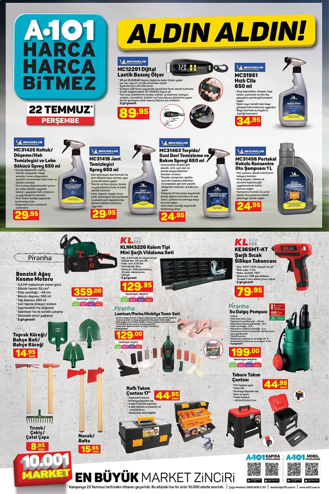 thumbnail - A101 aktüel ürünler, broşür  - Satıştaki ürünler - yağı, temizleyici, saat, traktör, çekiç, silikon tabancası, takim çantası. Sayfa 3.